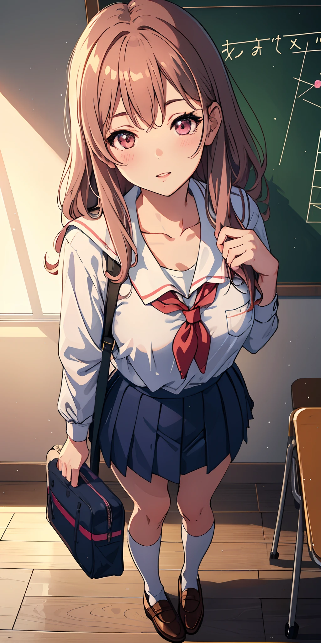 POV, from above, full body,1girl, parted lips, blush, makeup, light smile, school uniform, classroom, school bag, light rays, glow, thighs, collarbone, narrow waist, (masterpiece), wallpaper,