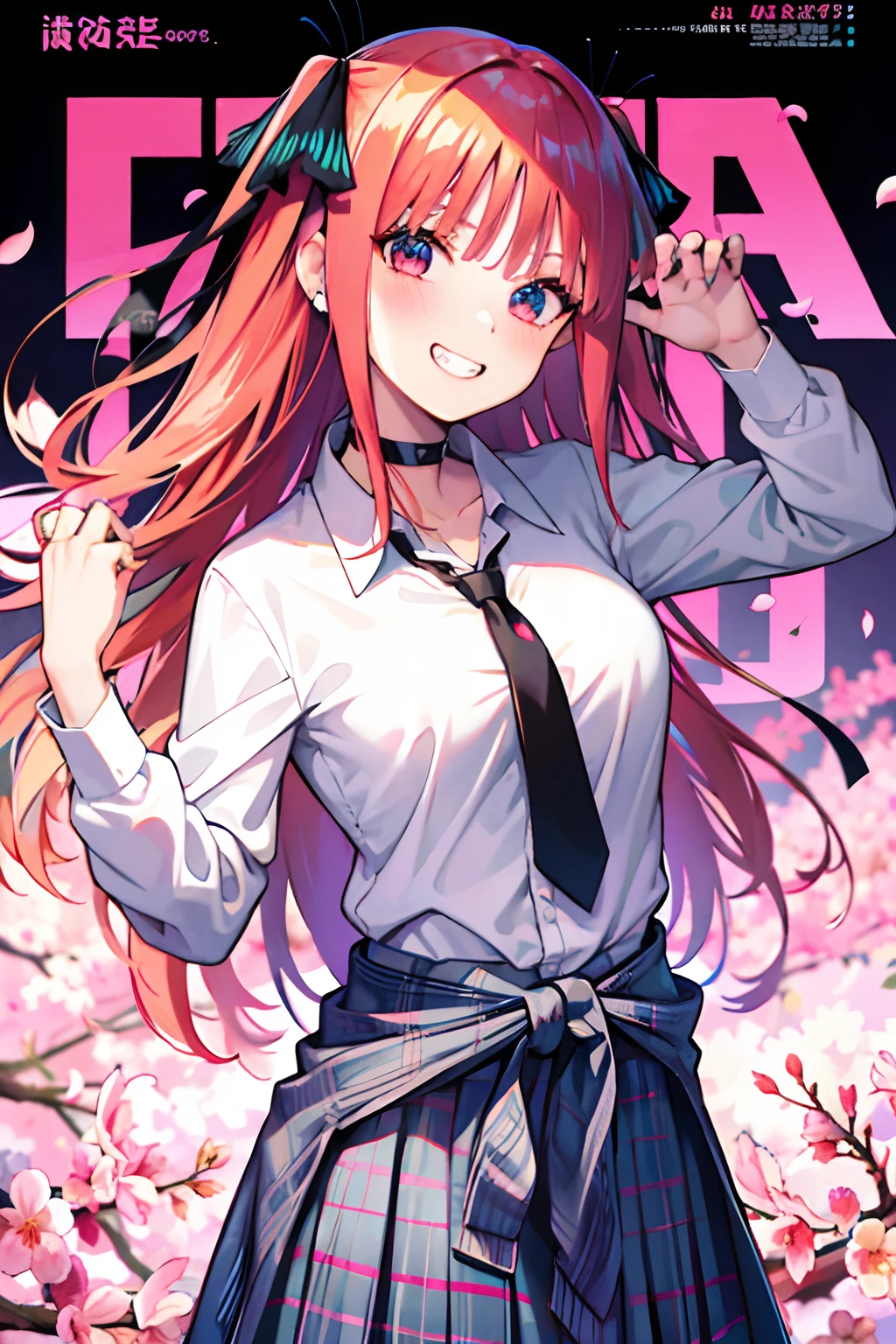 masterpiece, best quality, full body,
1girl, bangs, black choker, black necktie, blonde hair, blue skirt, blush, bracelet, breasts, choker, clothes around waist, collarbone, collared shirt, cowboy shot, dress shirt, ear piercing, eyebrows visible through hair, gradient hair, grin, gyaru, jewelry, kogal, long hair, looking at viewer, loose necktie, necktie, piercing, plaid, plaid skirt, pleated skirt, red eyes, ring, school uniform, shirt, skirt, smile, solo, white shirt,
street, sky, cherry blossoms, petals,illustration, (magazine:1.3), (cover-style:1.3), fashionable, woman, vibrant, outfit, posing, front, colorful, dynamic, background, elements, confident, expression, holding, statement, accessory, majestic, coiled, around, touch, scene, text, cover, bold, attention-grabbing, title, stylish, font, catchy, headline, larger, striking, modern, trendy, focus, fashion,