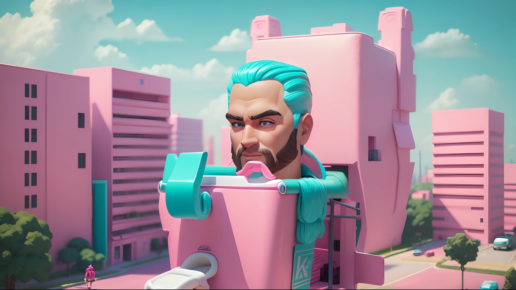 barbie Doll style: Ken. (A giant Man Charracter), (Pink and cyan Background), (outdoor, building, Road), (Head in Toilet), skibidi toilet, Giant, Toy.