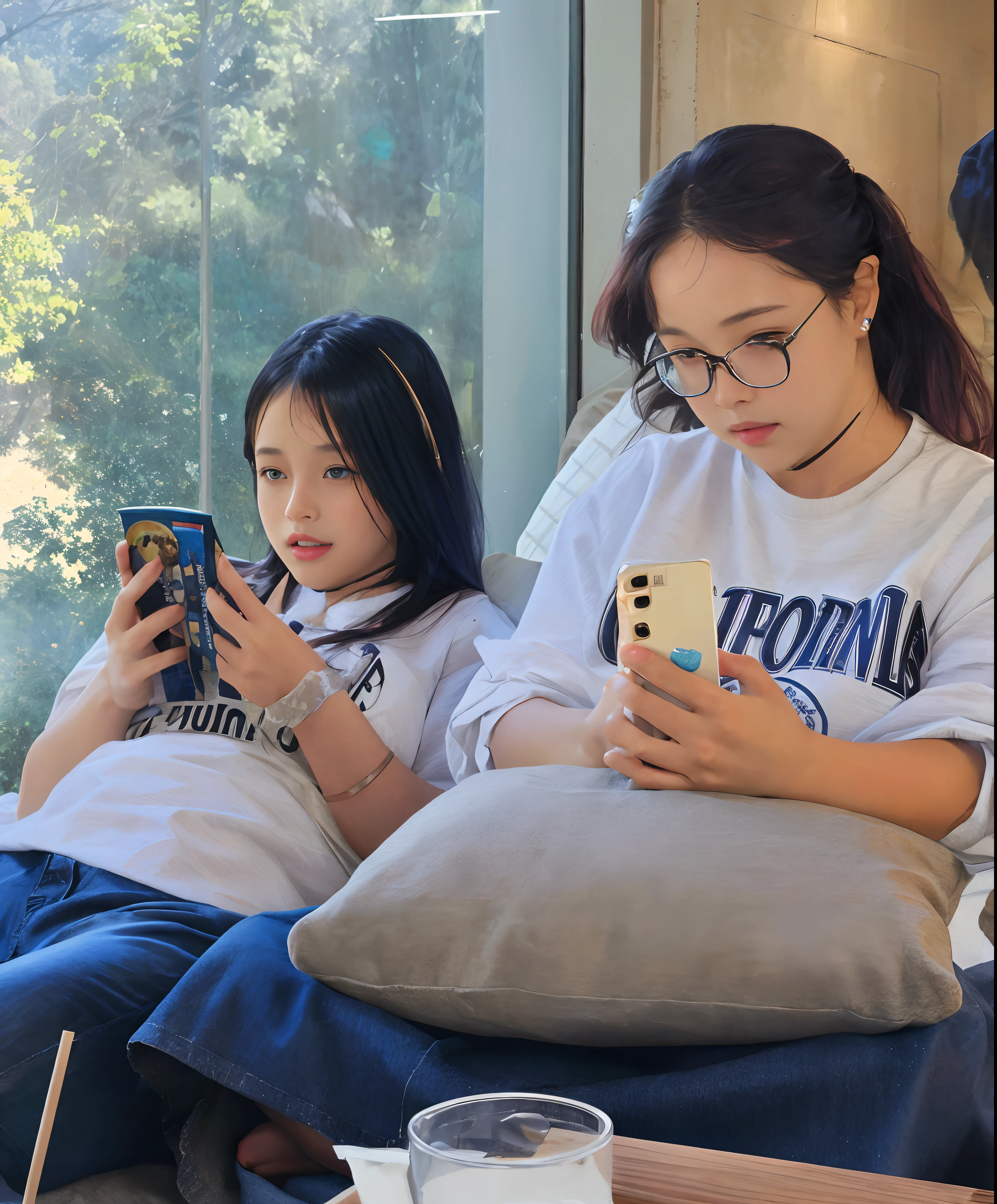posters, SMS, cover page, ((Poster cover)), ((Magazine covers)), Masterpiece, superlative, Spring dress, Colored hair, Magazine covers, upper half body, 1 Girl, Maid Outfit, sky blue short hair, Black clothe, Maid Outfit, bed, Exposed shoulder, Blue Eyes, Hairpins, s whole body, sitting on bed, ((bangs comb on right))), window, sunlights, (symmetry eyes) Magazine covers, upper half body
