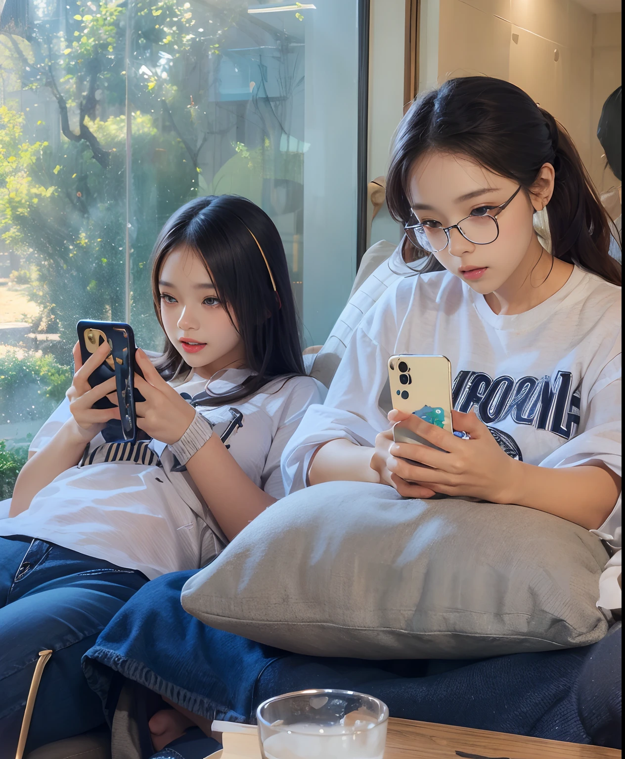 (Ultra Realistic), (Illustration), (Increased Resolution), (8K), (Extremely Detailed), (Best Illustration), (Beautiful and Detailed Eyes), (Best Quality), (Ultra Detailed), (Masterpiece ), ( wallpaper), (detailed face),(realistic eyes, realistic face, realistic skin),Two girls peacefully looking at their phones in a cafe, Korean idols