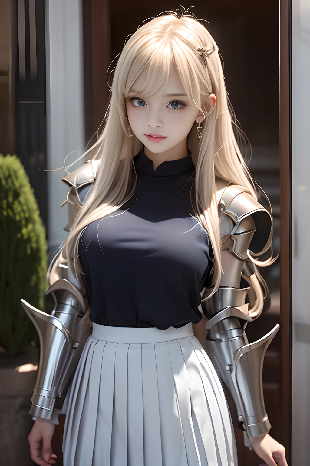 bright look、ponytale、Young, shiny white shiny skin、Best Look、Reflection of blonde hair、Platinum blonde hair with dazzling highlights、shiny light hair,、Super Long Silk Straight Hair、Radiant beautiful bangs、Radiant clear attractive big blue eyes、Very beautiful and, dashing, girl、Lush bust,Beautiful detailed eyes, Beautiful detailed nose,(( s whole body:1.25)),Makeup accentuates the eyes、((pleated skirt with a lot of pleats:1.3)),(Women like Joan of Arc:1.3)、(S armor:1.3)、knightage, (Equipped with a sword and shield:1.2),Royal style,comic style, , Sub-surface scattering, Brilliant details, Natural background, A hyper-realistic, films, with dramatic lighting, masutepiece、(Decorative armor)、(Wearing an aura:1.5)、CIRCLET、((Princess Knights))、Frild、