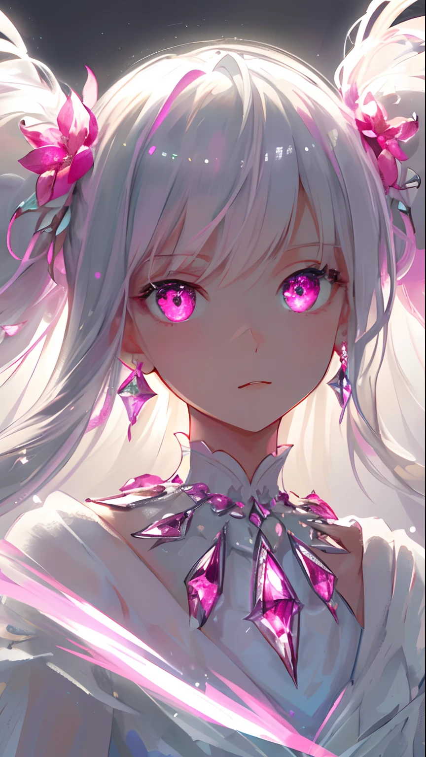 masterpiece, best quality, illustration, flashy pink, platinum earrings, platinum necklace, white dress, 1girl, cute, (dynamic lighting:1.2), cinematic lighting, delicate facial features, detailed eyes, sharp pupils, realistic pupils, depth of field, bokeh, sharp focus, (hyper-detailed, bloom, glow:1.4), many small gems