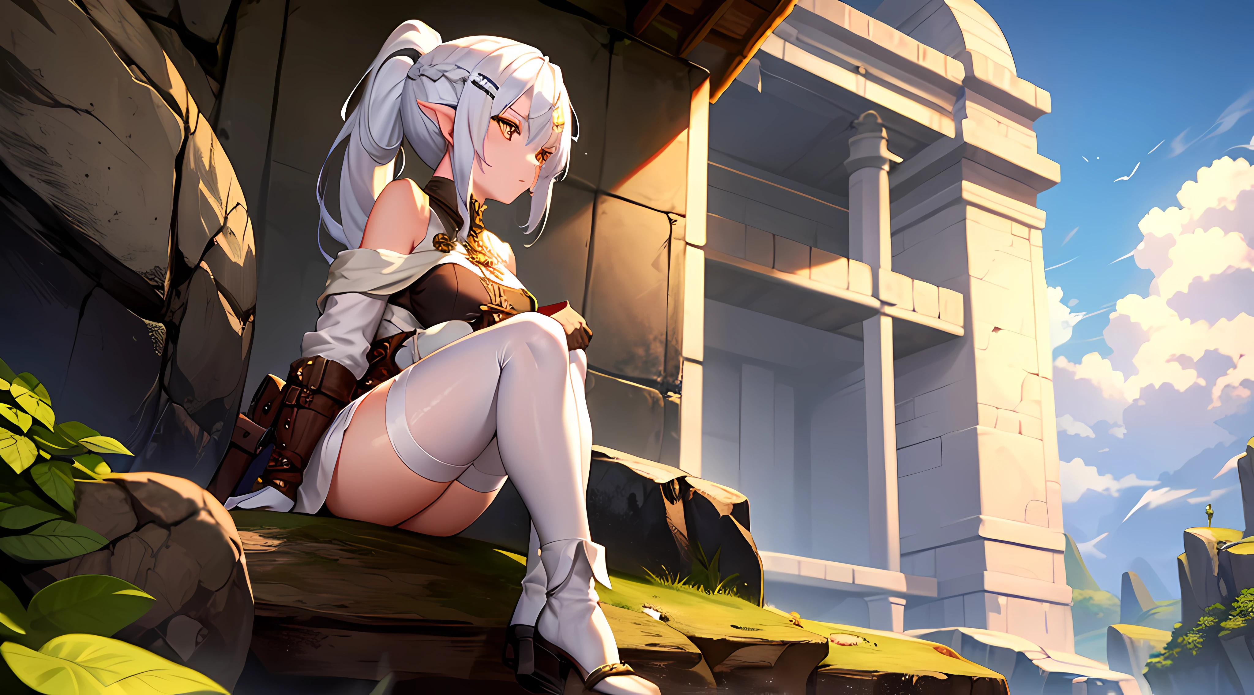 one girl, white hair, yellow eye, elf, medium breast, long ponytail hairstyle, adventure theme, sit on the rock, looking at the sky