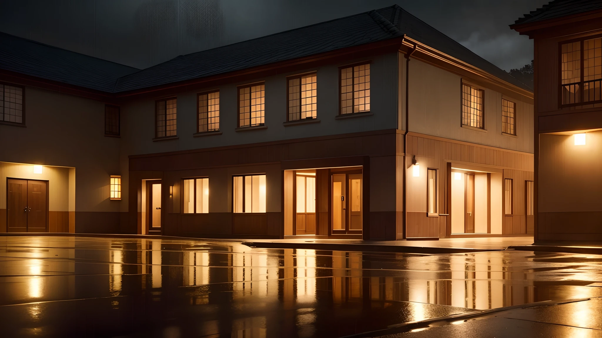 an image of a modest two-story hotel in a dark, rainy, and nighttime scene. The hotel should have an unadorned and slightly weathered appearance, with limited exterior lighting. Rain should be falling steadily, with puddles forming on the ground. The surroundings should be dimly lit by sparse streetlights, casting long shadows. The hotel's atmosphere should evoke a sense of solitude and mystery, suitable for travelers seeking a quiet and unassuming place to stay on a rainy night