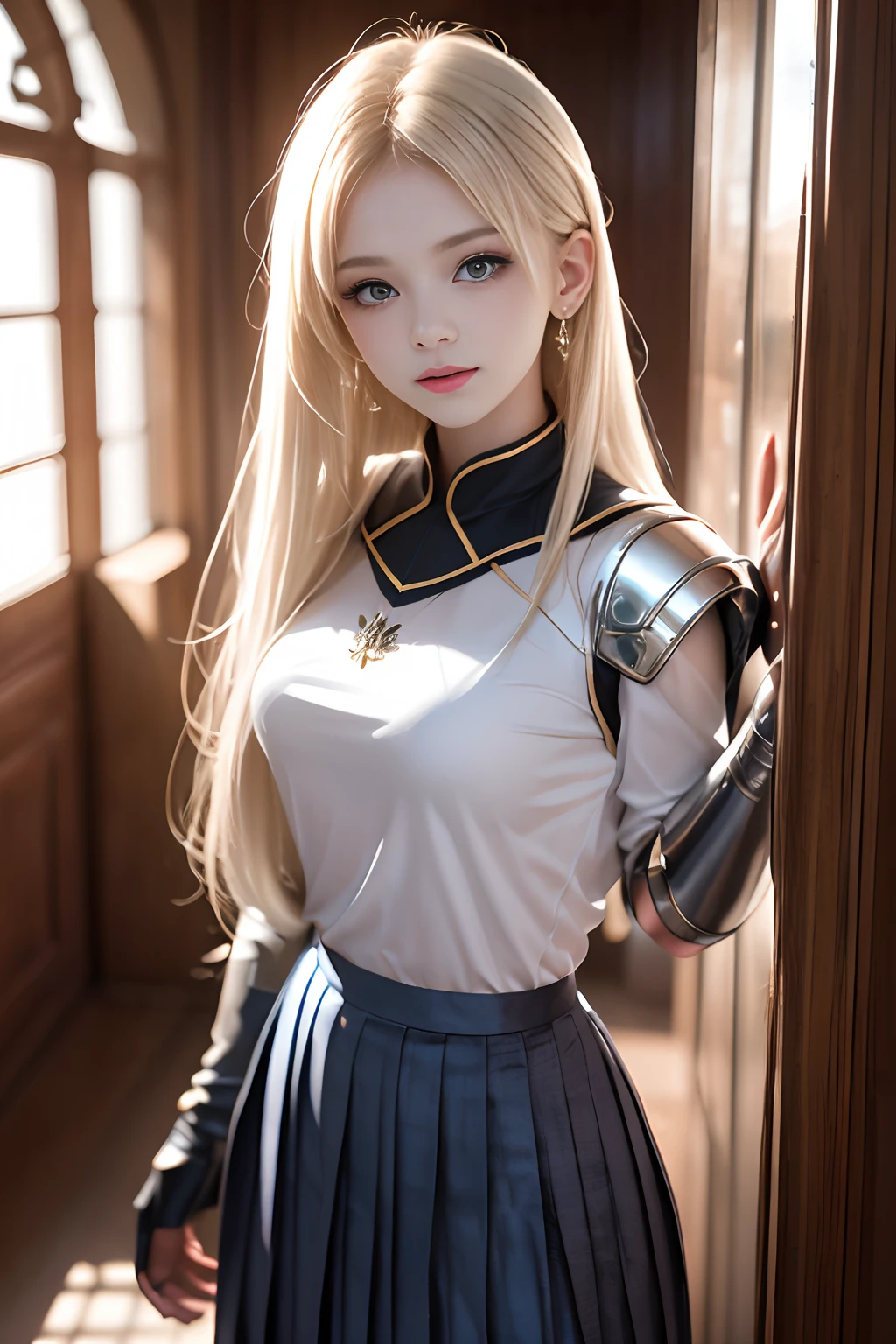 bright look、ponytale、Young, shiny white shiny skin、Best Look、Reflection of blonde hair、Platinum blonde hair with dazzling highlights、shiny light hair,、Super Long Silk Straight Hair、Radiant beautiful bangs、Radiant clear attractive big blue eyes、Very beautiful and, dashing, Cute 16 year old girl、Lush bust,Beautiful detailed eyes, Beautiful detailed nose,(( s whole body:1.25)),Makeup accentuates the eyes、((pleated skirt with a lot of pleats:1.3)),(Women like Joan of Arc:1.3)、(S armor:1.3)、knightage, (Equipped with a sword and shield:1.2)，Royal style，comic style, , Sub-surface scattering, Brilliant details, Natural background, A hyper-realistic, films, with dramatic lighting, masutepiece、(Decorative armor)、(Wearing an aura:1.5)、CIRCLET、((Princess Knights))、Frild、