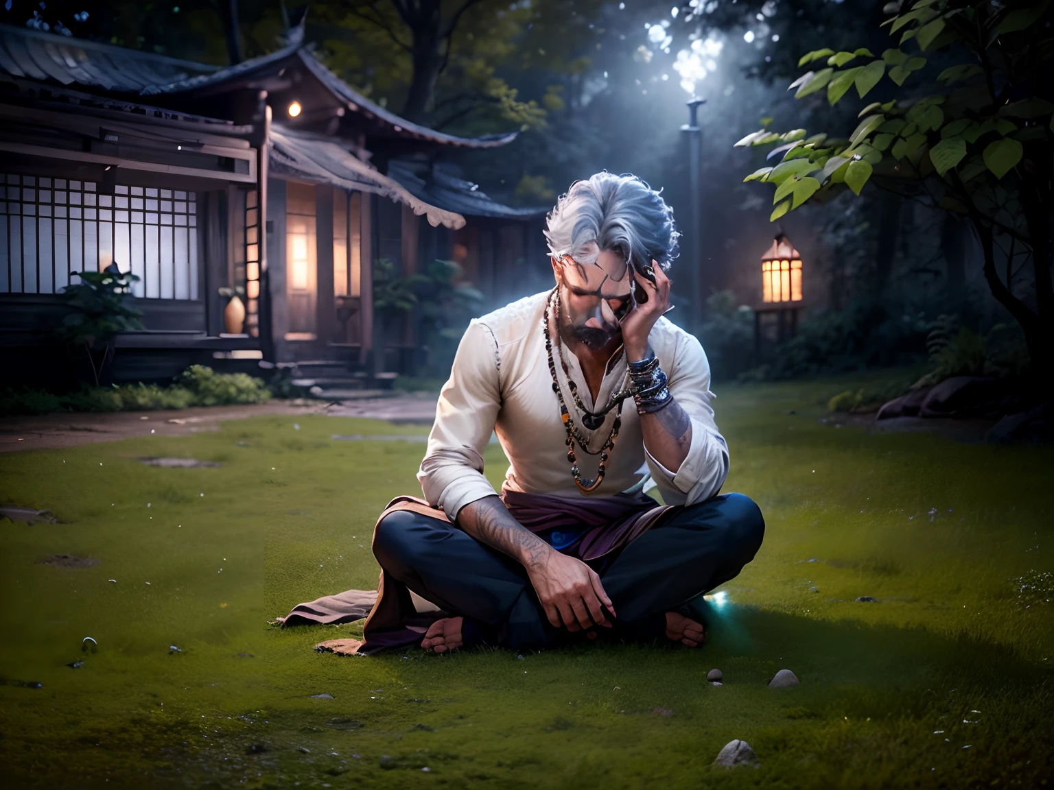 man with rudraksha seeds, natural skin texture, 24mm, 4k textures, soft cinematic light, adobe lightroom, photolab, (detailed eyes: 1.1), best quality, illustration, (detailed lighting: 1.2), (beautiful detailed brightness: 1.3), white Indian shirt and pants, Intricate, digital painting, smooth, sharp focus, realistic epic, (HDR:1.4), (muted colors:1.4), neutral colors, night, (intricate details, hyperdetailed:1.3), cinematic photo, vignette, background in a forest
