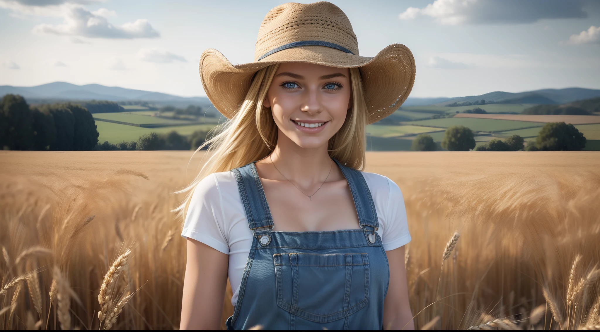 (masterpiece, best quality:1.2), cowboy shot, solo, 1girl, smile, looking at viewer, blonde hair, blue eyes, overalls, jeans, clothing cutout, thigh cutout, wheat field ,Ultra detailed face, ultra detailed eyes, ultra detailed clothes, realistic body, beautiful face, intricate details, ultra detailed skin, ultra realistic photo, ultra realistic lighting, HDR