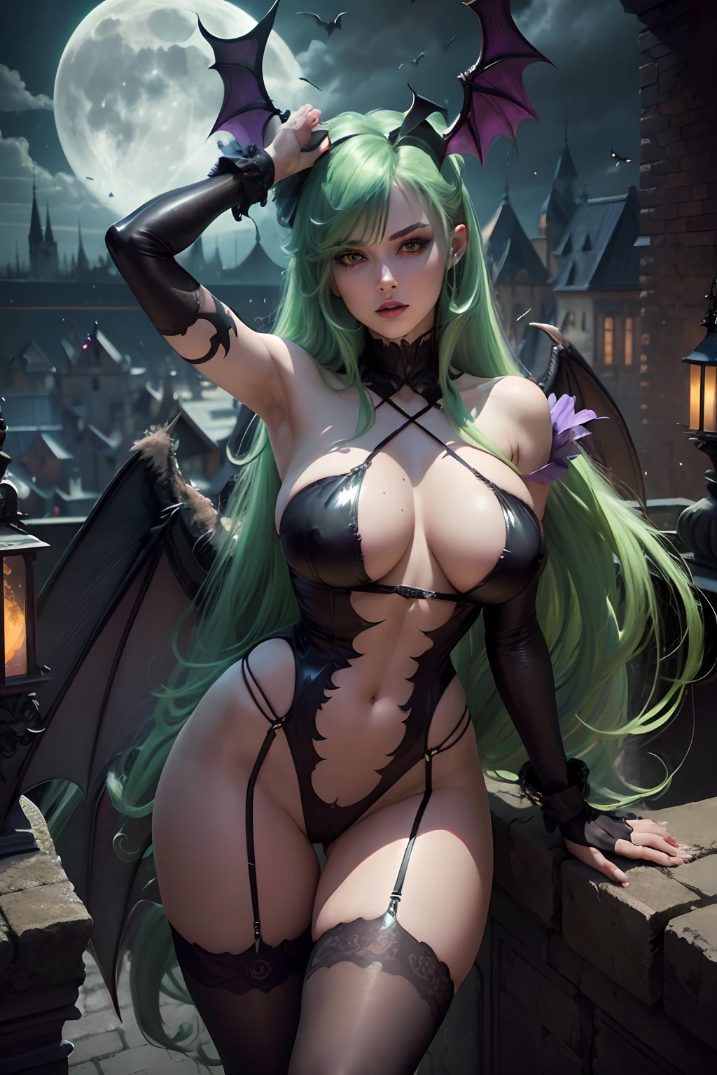((Morrigan aensland from darstalkers series))(she has big glowing green eyes)(bright red lips) (((long straight green hair)))(dark eyeshadows make up)((very huge breasts)) (perfect slim body) (wears black string leotard, purple gloves, long purple stocking with bat print, black high heels) (((bat like wings on back and head)))(((posing sexy playing with hair on castle rooftop)))(full moon and clouds at night has backgroud) (high definition, volumetric lights and dinamic shadows)((masterpiece))(8k)(perfect face)(ultra details) (perfect hands, eyes, and face) (bats flying around)