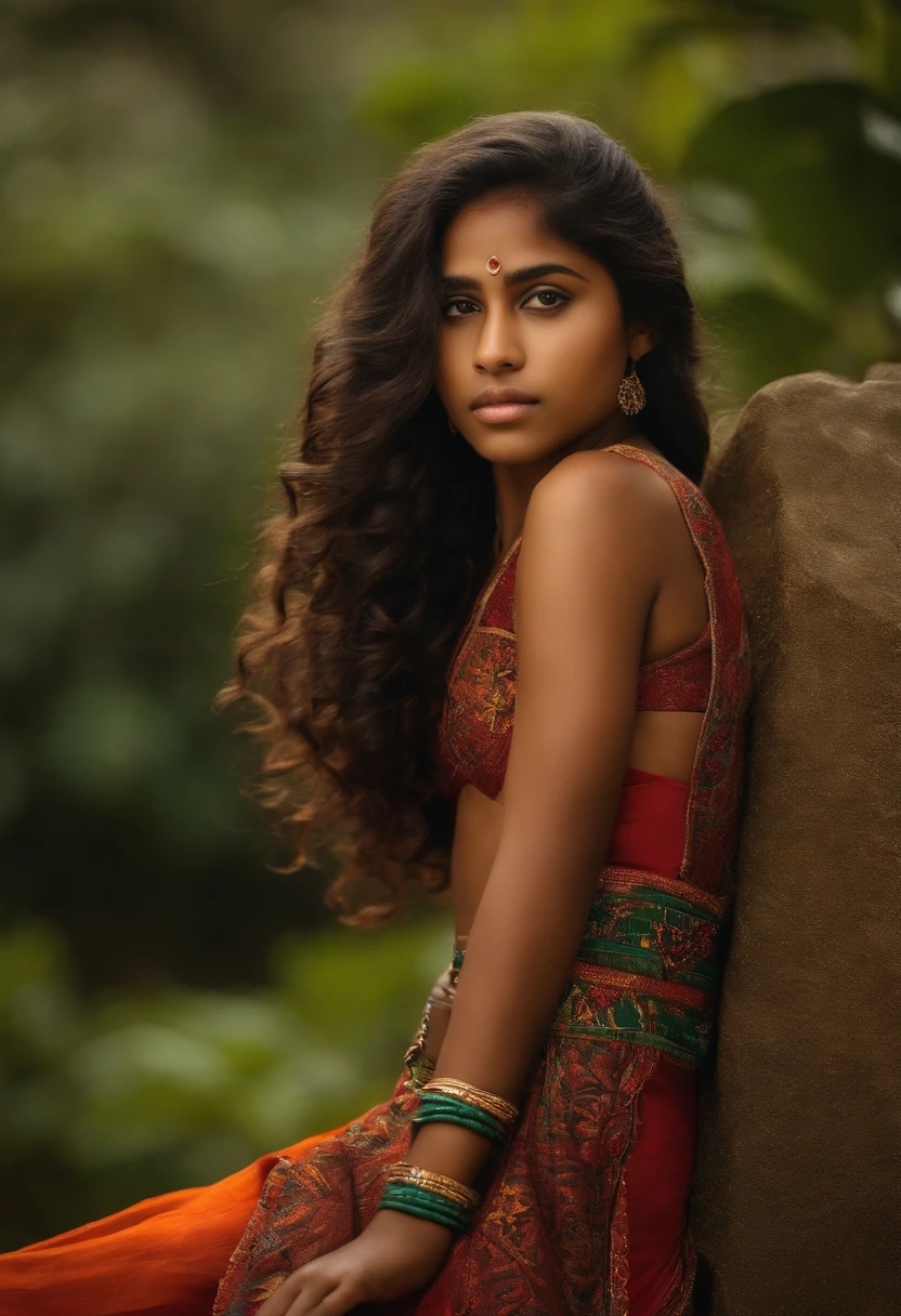 adolescente indian, anos, cabelo drop fade crespo, corpo inteiro, armadura baseada na africa, stone left arm