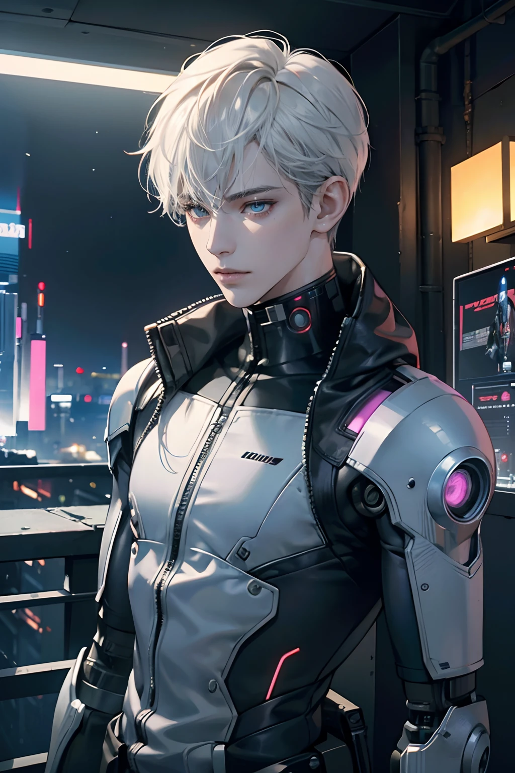 (tmasterpiece,high resolution,ultra - detailed:1.0),1boy,robot boy,Perfect male body,Look at the camera,Delicate eyes and delicate face,Extremely detailed CG,Unity 8k wallpaper,Complicated details,solo person,,Detailed face, (white robotic skin, robotic arms, robotic body), (cyberpunk:1.3), color difference, Depth of field,dramatic shadow,Ray tracing,Best quality