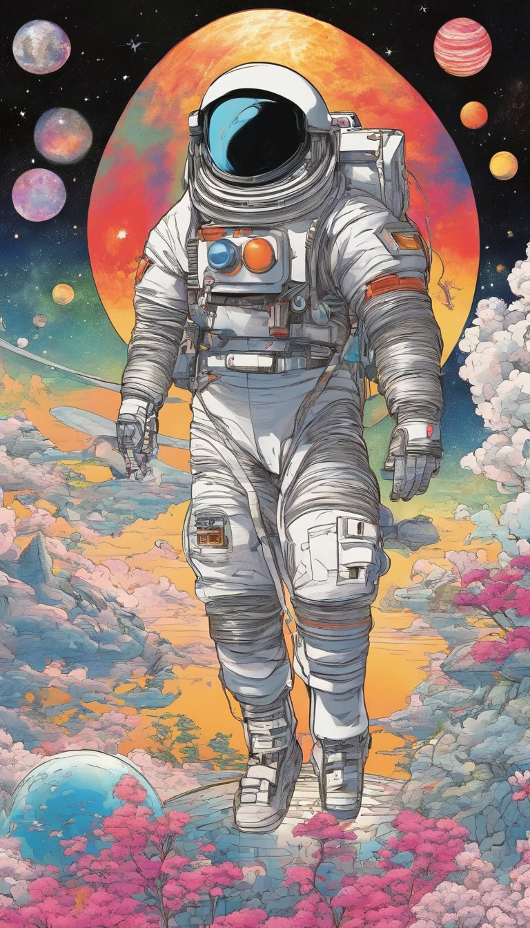Full body portrait of a female astronaut standing on the  edge of a hill
in CCDHT artstyle
( by [ Katsuya  Terada  | Yoshitaka Amano ] ) and [ Masamune Shirow | Katsuhiro Otomo | Tsutomu Nihei ]
