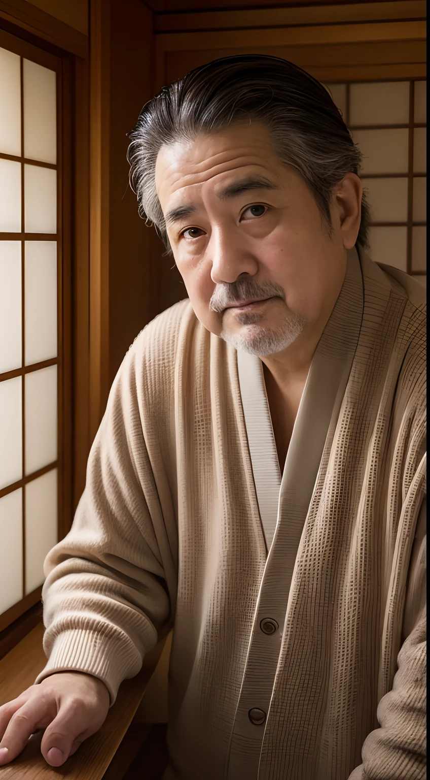 4K、Raw photo、Photoreal Stick、hight resolution、japanes、middle aged man、Feeling of sadness、thinning hair、traditional Japanese room、Fat、
