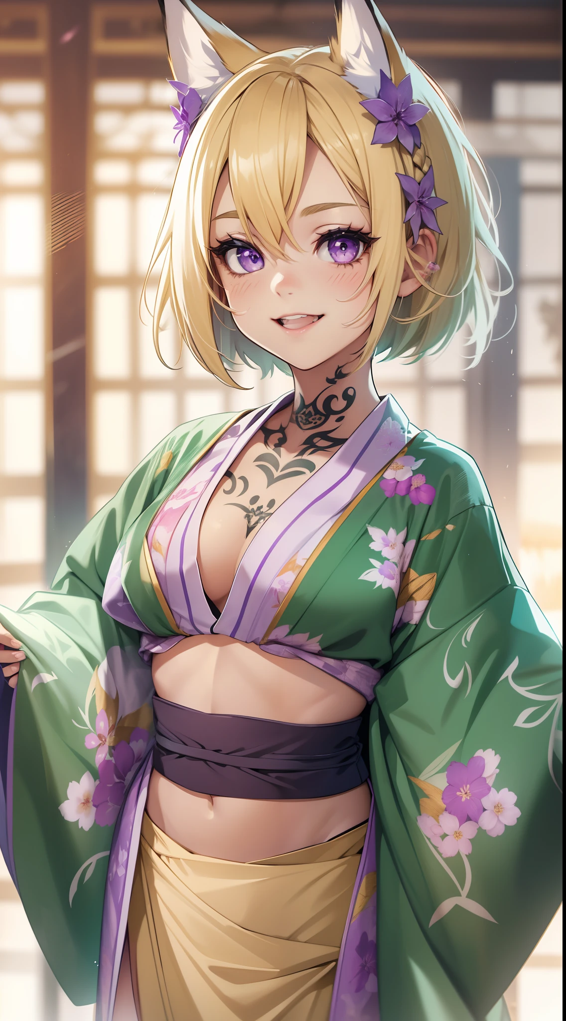 young girl, short blonde hair, Fox ears, violet eyes, tattoo, Scars, green kimono, tattoo, naked, open belly, open breasts, nipples, long skirt, smile, 4k, HD, Good detail