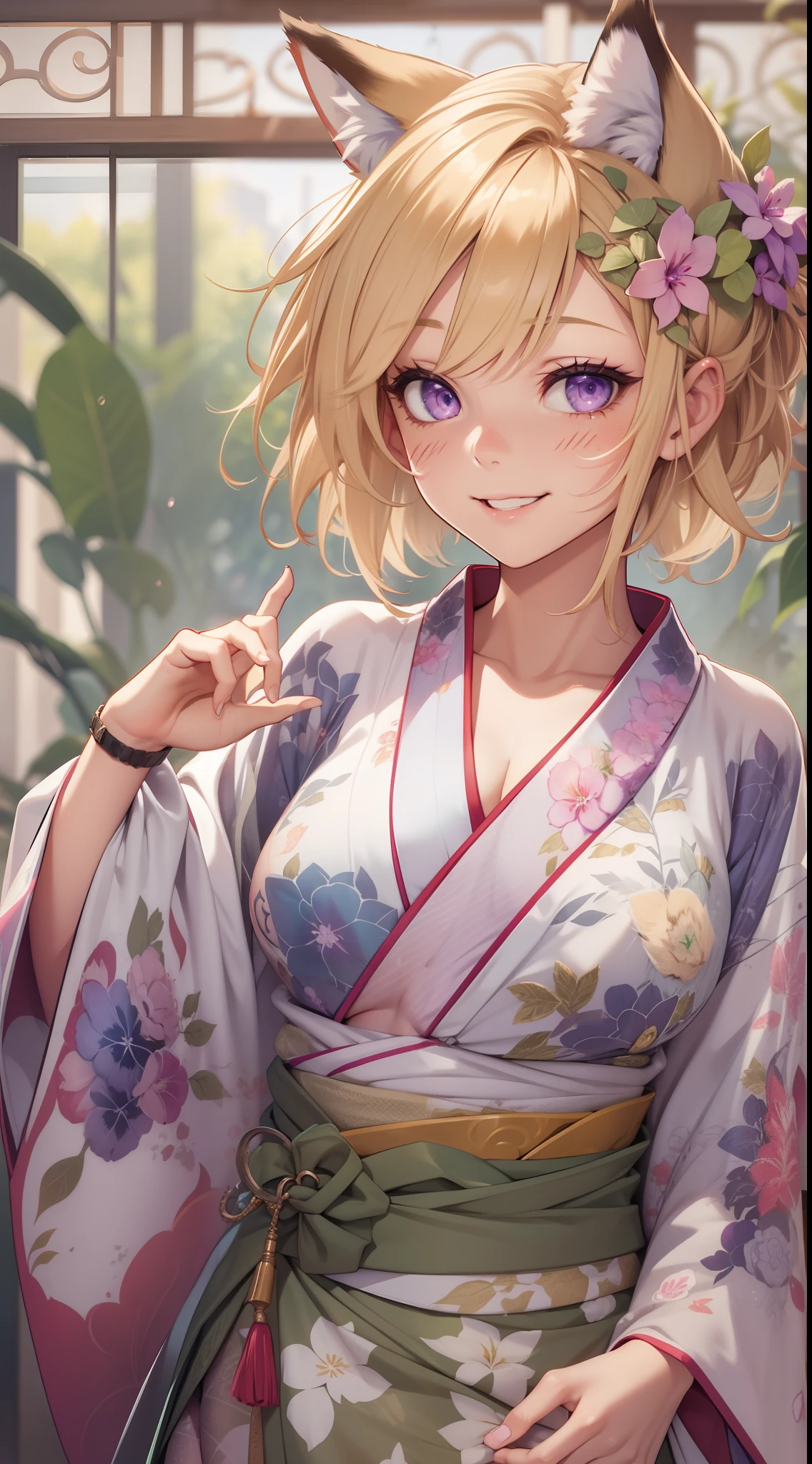 young girl, short blonde hair, Fox ears, violet eyes, tattoo, Scars, green kimono, tattoo, open breasts, nipples, long skirt, smile, 4k, HD, Good detail