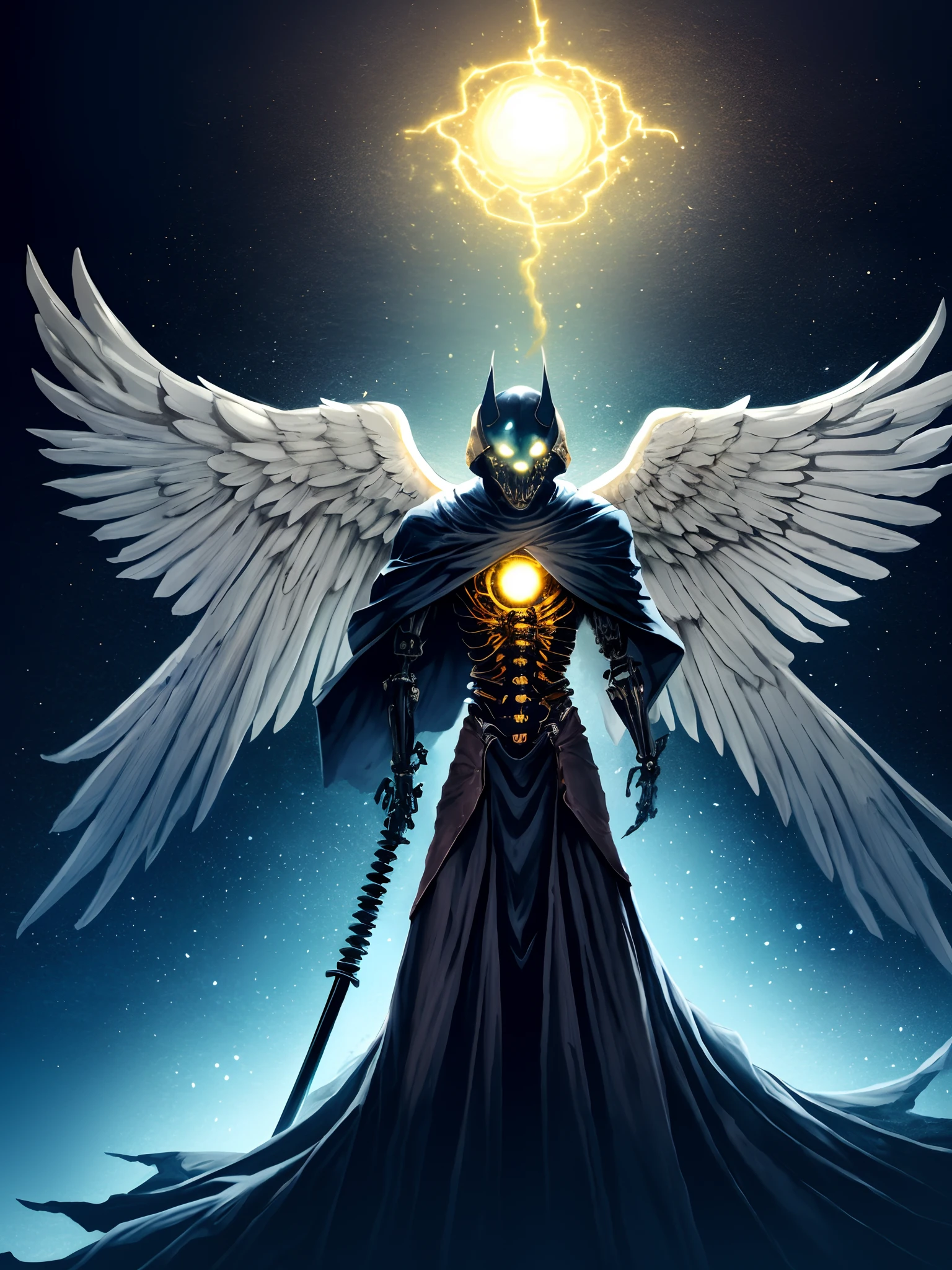 Cosmic Fallen Angel, glowing light eyes, Biomechanical, eerie, Creepy, nightmarish, Very bright colors, Light particles, with light glowing, Mshiff, wallpaper art, UHD wallpaper, anakil skywalker, years, medieval clothes
