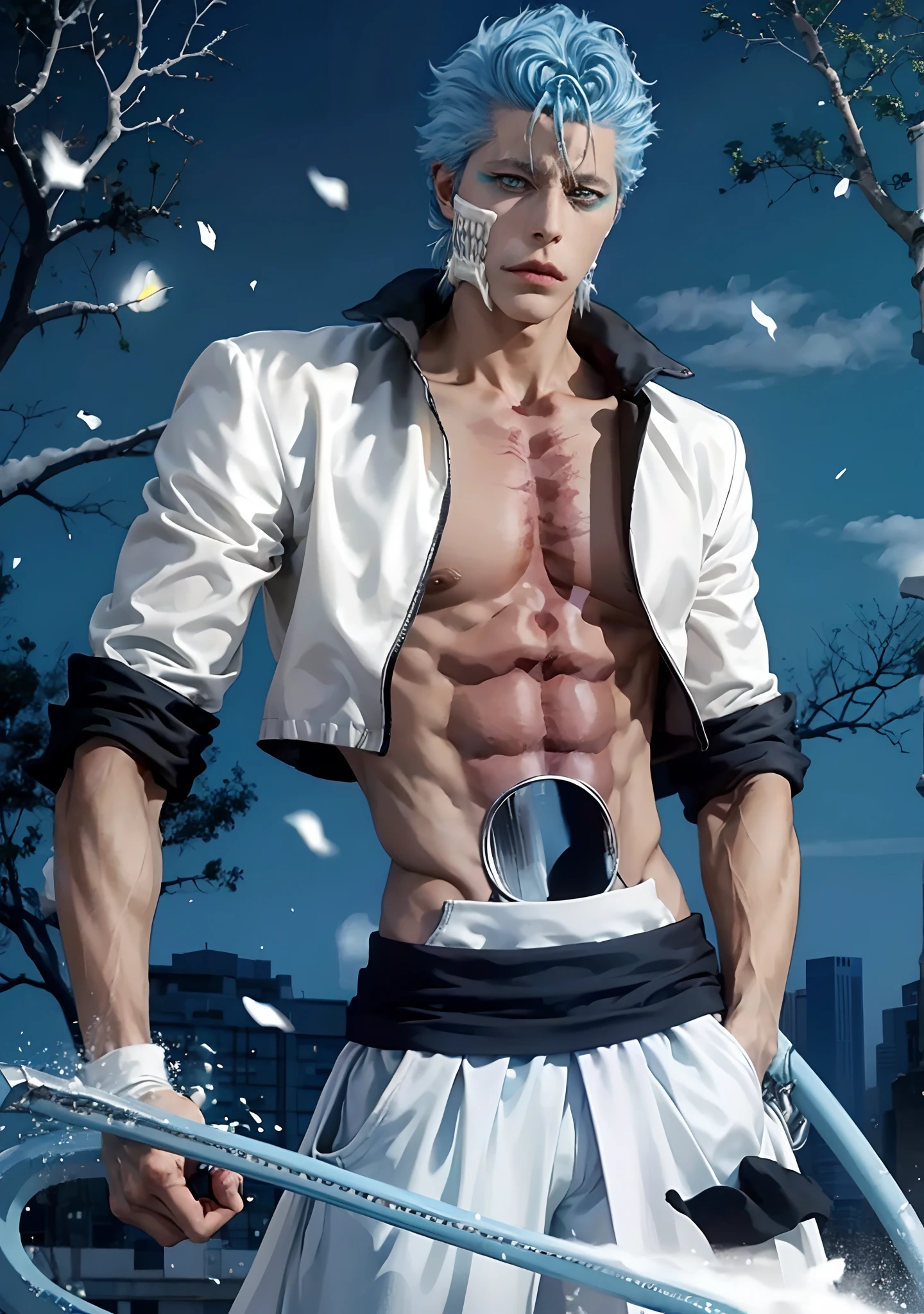 1man, grimmjow in anime bleach, short hair , blue hair, blue eyes, handsome, white clothes, realistic clothes, detail clothes, city background, ultra detail, realistic