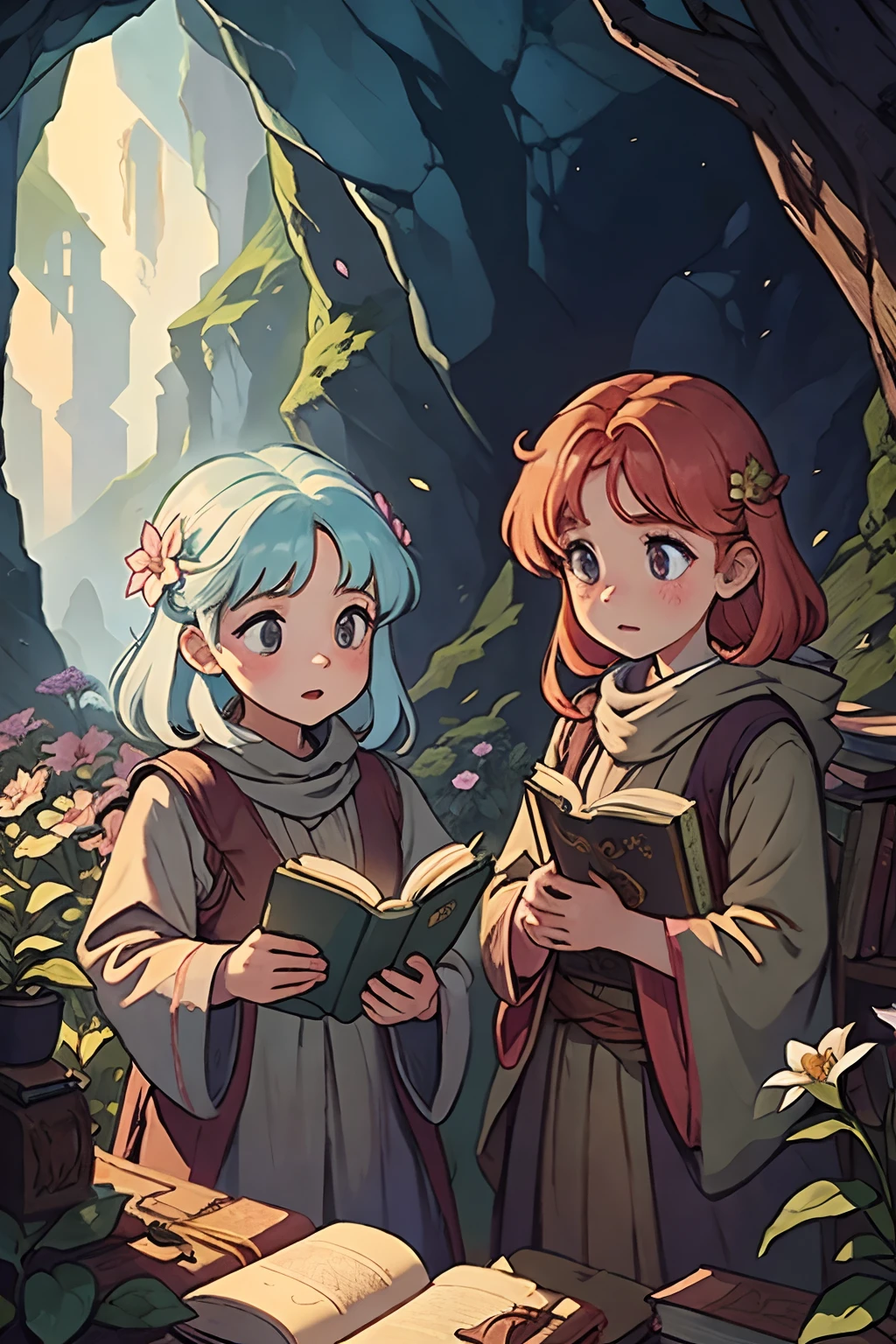 Lily and Rose were amazed by the flower and wanted to learn more about it. They searched through their books but could not find any information about it. They decided to ask the wise old wizard who lived in a nearby cave for help.