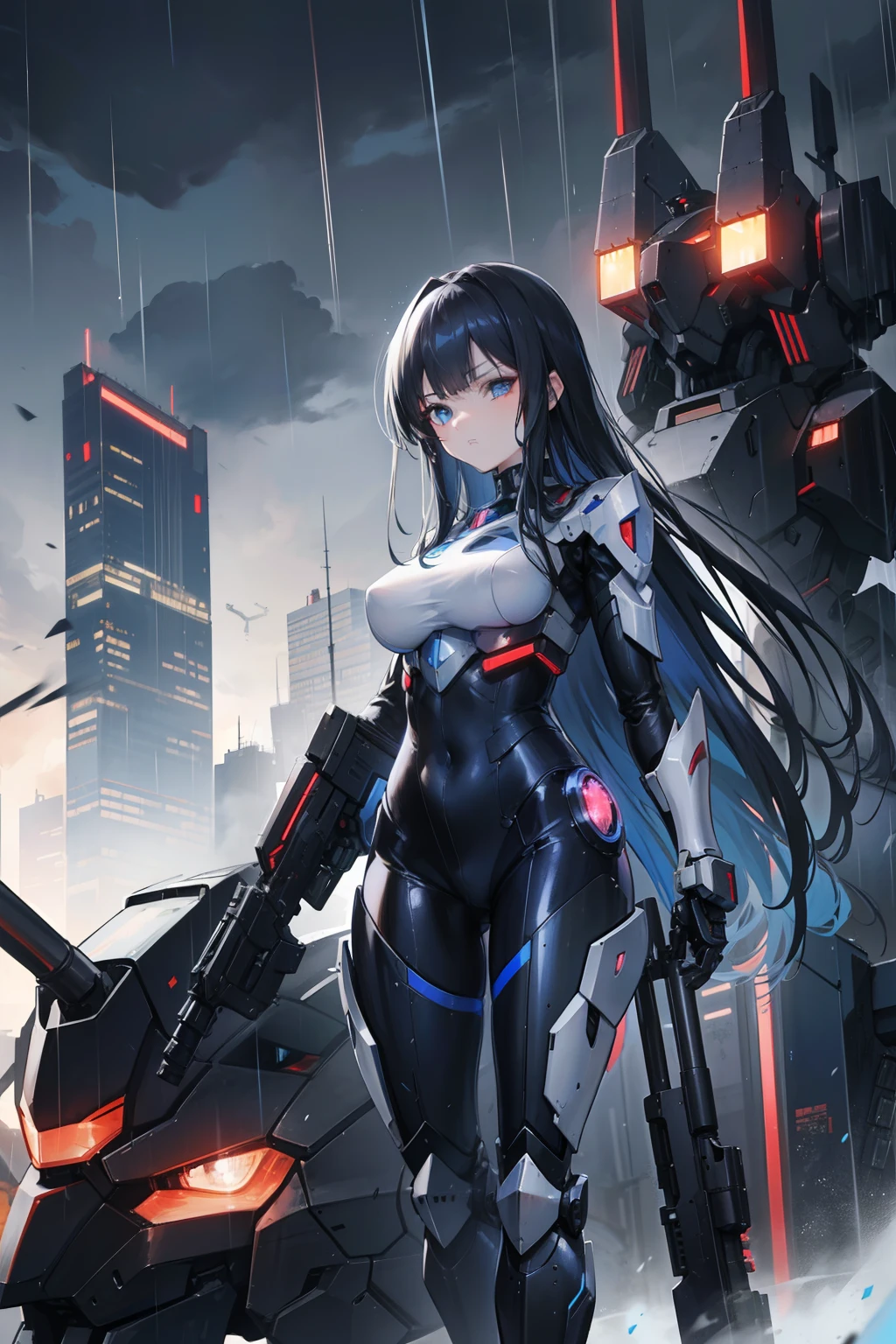 Masterpiece, best quality, 4k, mecha, starry sky, sky, stars(sky), slender legs, long hair, medium hair, cyberpunk 2077, cyberpunk, punk, cyber, depth of field, blurred city background, beautiful women in mecha suit, nsfw, lens flare, lights