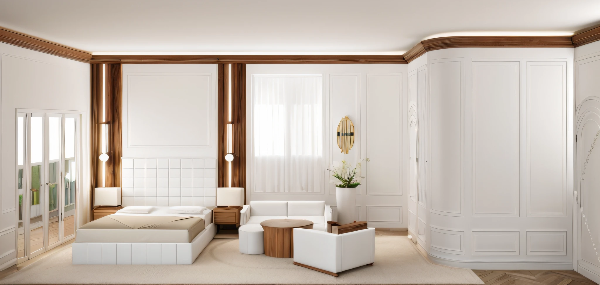 photo take in the night, a realistic image of a neoclassic bedroom with a luxury bed, a sofa, an armchair, a table, a rug, (high detail white cornice), (wood teak mix with glossy white material),