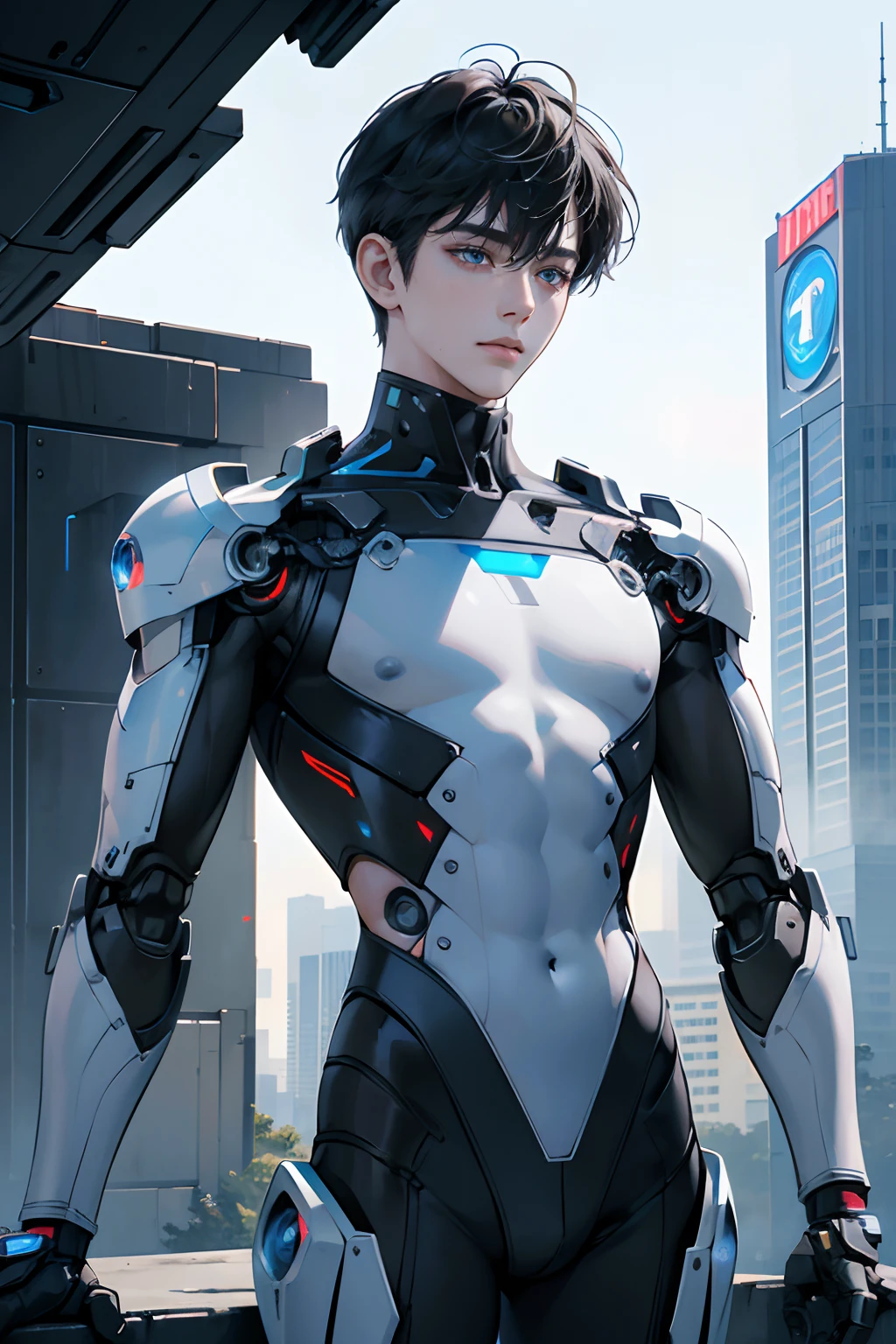 (tmasterpiece,high resolution,ultra - detailed:1.0),1(boy,robot boy),Perfect male body,Look at the camera,Delicate eyes and delicate face,Extremely detailed CG,Unity 8k wallpaper,Complicated details,solo person,,Detailed face, (robotic arms, white robotic body), (cyberpunk), color difference, Depth of field,dramatic shadow,Ray tracing,Best quality,