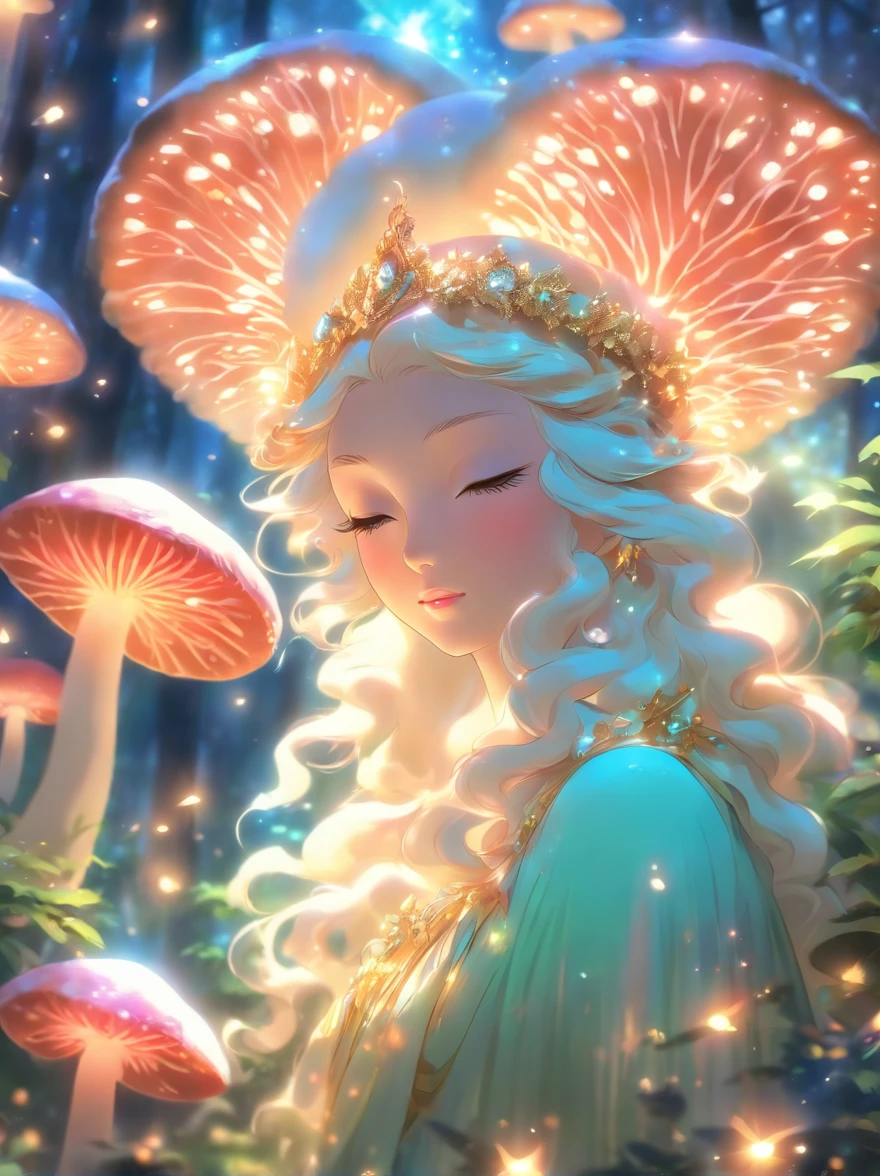(best quality,ultra-detailed),mushroom forest queen goddess,ethereal,enchanted forest,beautiful detailed eyes,beautiful detailed lips,flowing gown,graceful pose,fairy wings,halo of light,magical crown,glowing mushrooms,whispering trees,mystical atmosphere,soft sunlight filtering through leaves,dreamlike colors,fantasy art,whimsical,mythical,otherworldly,lush vegetation,serene expression,alluring presence,harmony with nature,dancing with butterflies,luminous glow,transcendent beauty,majestic presence,enchanted beings,ethereal glow,tranquil aura,peaceful ambiance