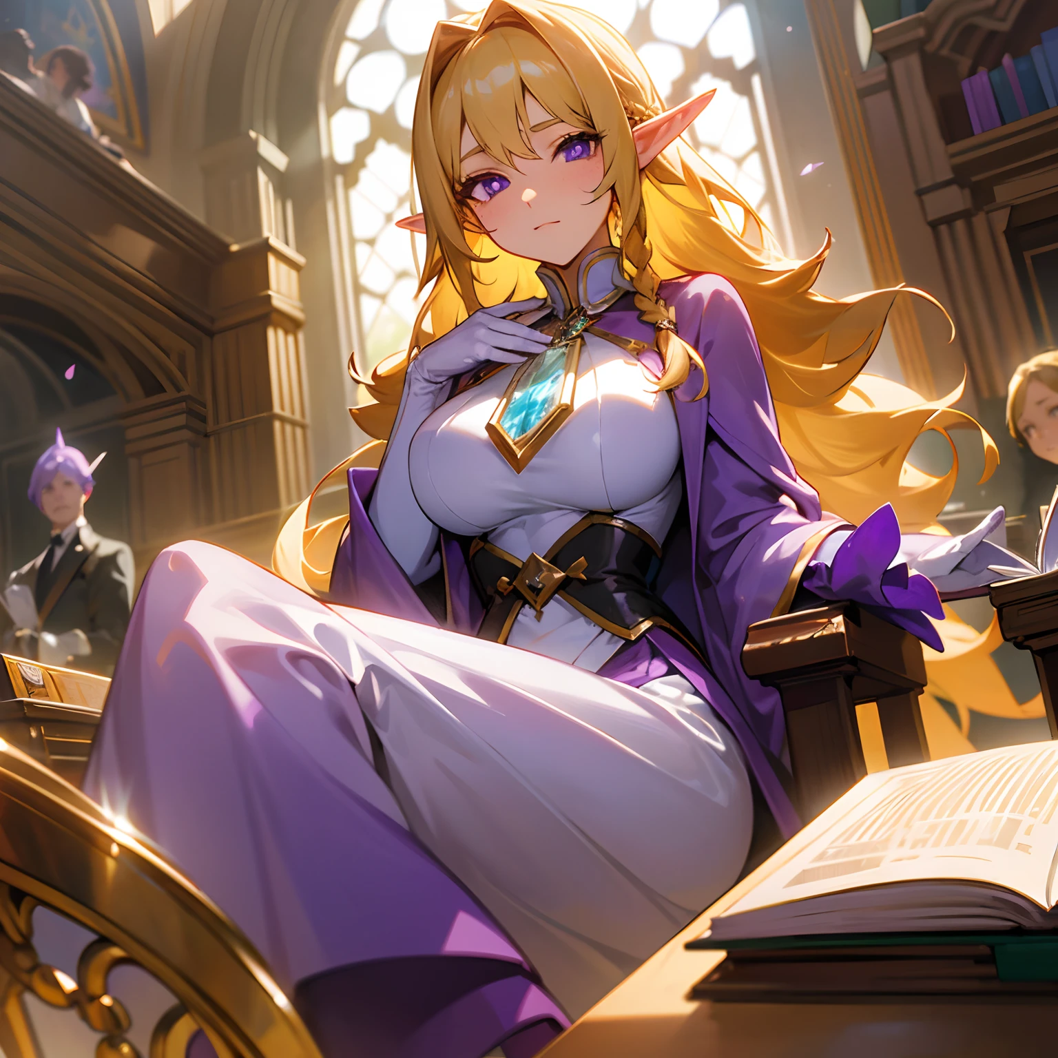 Two braids，Golden hair，the elf，Purple long-sleeved shirt，Shoulders exposed，Reading a book，the librarian，Purple pupils，Crystal decoration on the chest，sit on chair，Bored expression，sideface，A bit of a dark environment，A farther perspective，Focus on reading，A ray of sunlight shines in，Round sun windows，Gorgeous book，high-heels，magia，The Book of Flight，Flashy clothes，Royal sister figure，There are moles under the corners of the eyes，Didn't look at the camera，Large breasts，Adult daughter，Around purple ice crystals，White gloves，Mature and steady