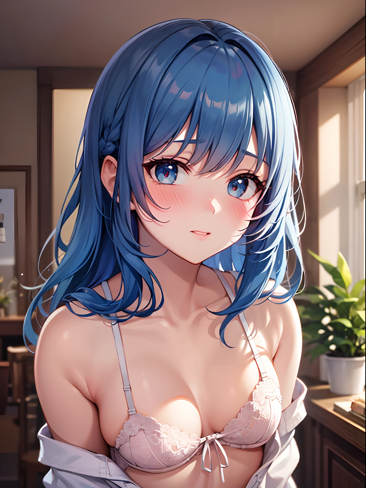 in the room, Underwear, blush, Focus on Face, Bangs, hair circle, Blue hair, nsfw