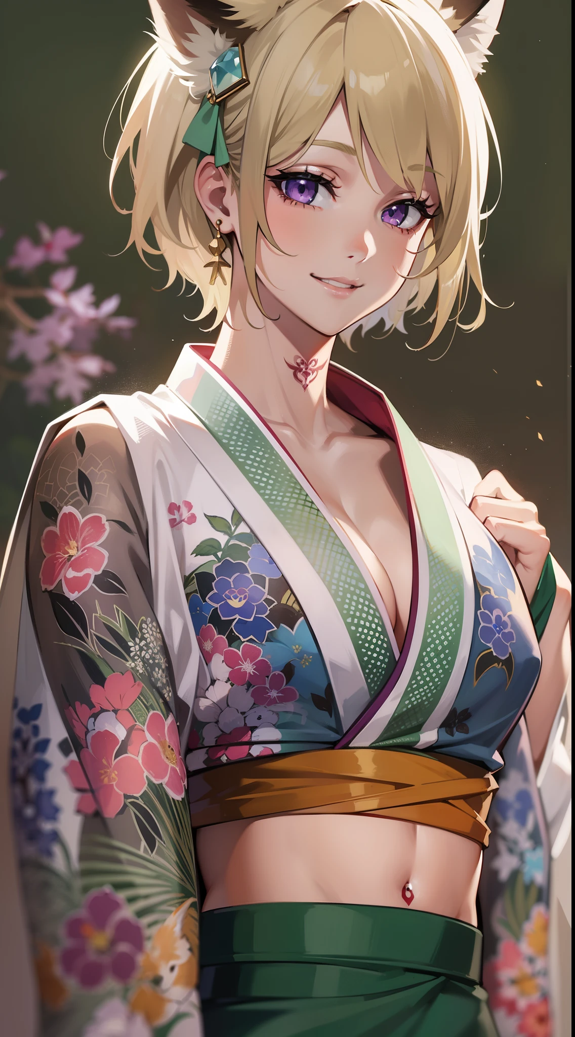young girl, short blonde hair, Fox ears, violet eyes, tattoo, Scars, green kimono, tattoo, open breasts, nipples, long skirt, smile, 4k, HD, Good detail