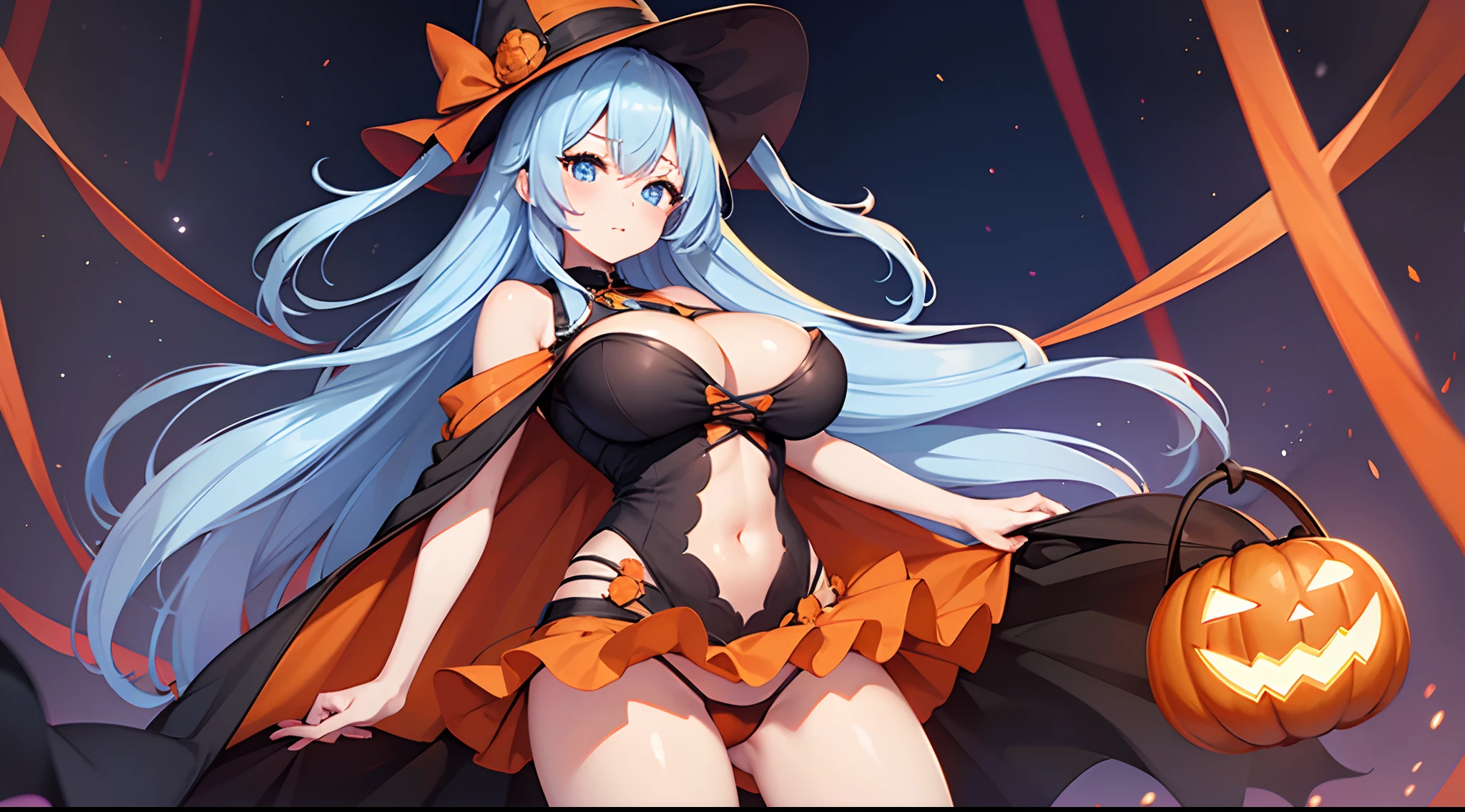 1 girl, game CG, orange mini dress, visible cleavage, visible shoulders, visible navel, black witch hat, cloak, orange panties, string hair ribbon, gigantic breasts, light blue hair, middle hair, two side up, blue eyes, Halloween background,