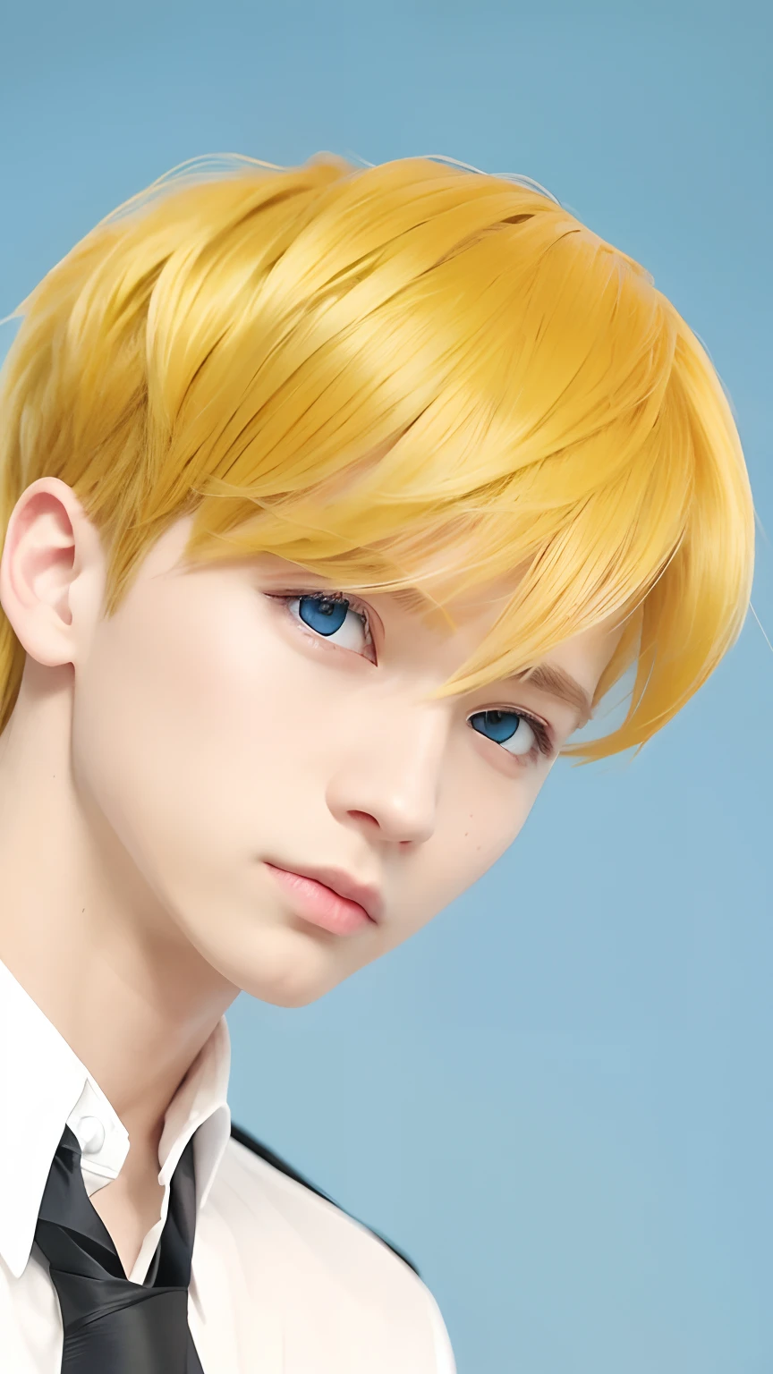 1boy, yellow hair, short hair, white shirts, blue eyes, red and black tie, handsome, realistic, ultra detail, 70mn lens