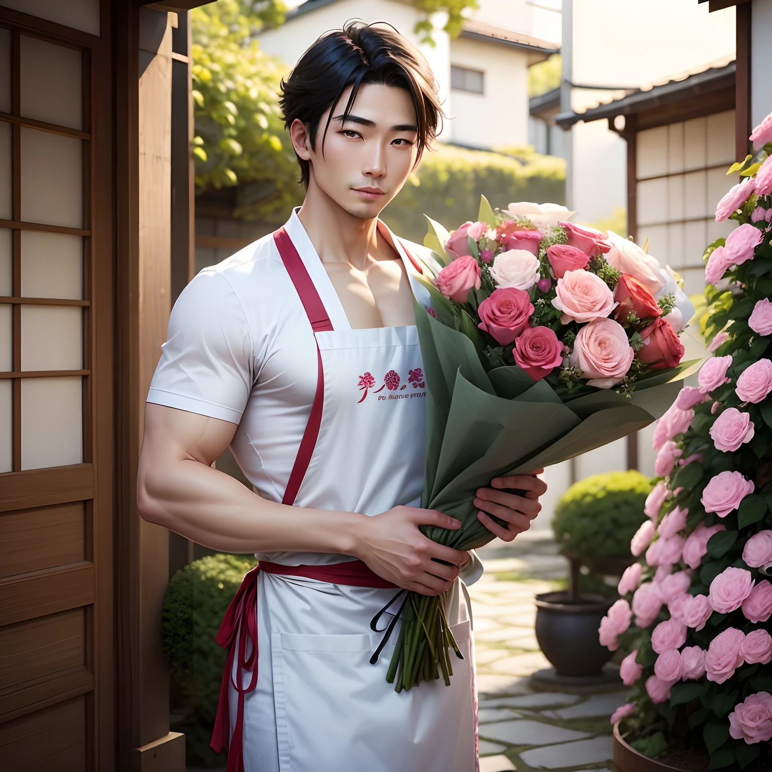 Sexy Japanese man with apron holding bouquet of flowers. Fundo jardim de flores