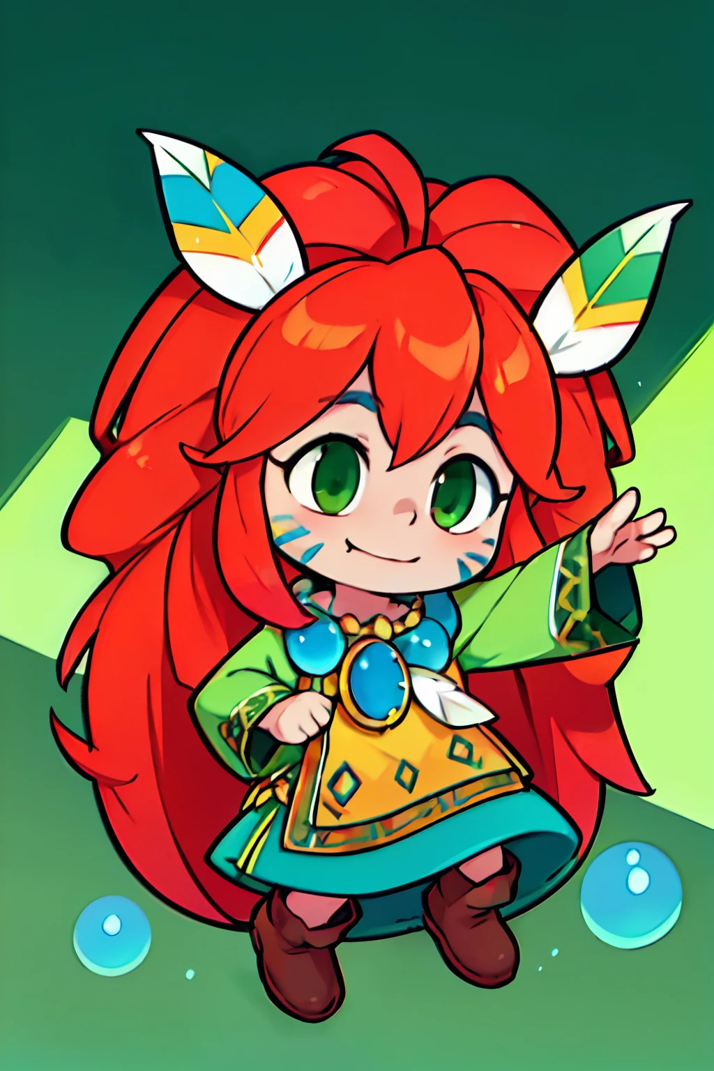 Popoi, 1other, , long red hair, hair ornament ((head feathers)), green decorative tunic, brown boots, yellow-green eyes, huge blue necklace, androgynous, ((red and blue facepaint)), perfect anatomy, solo