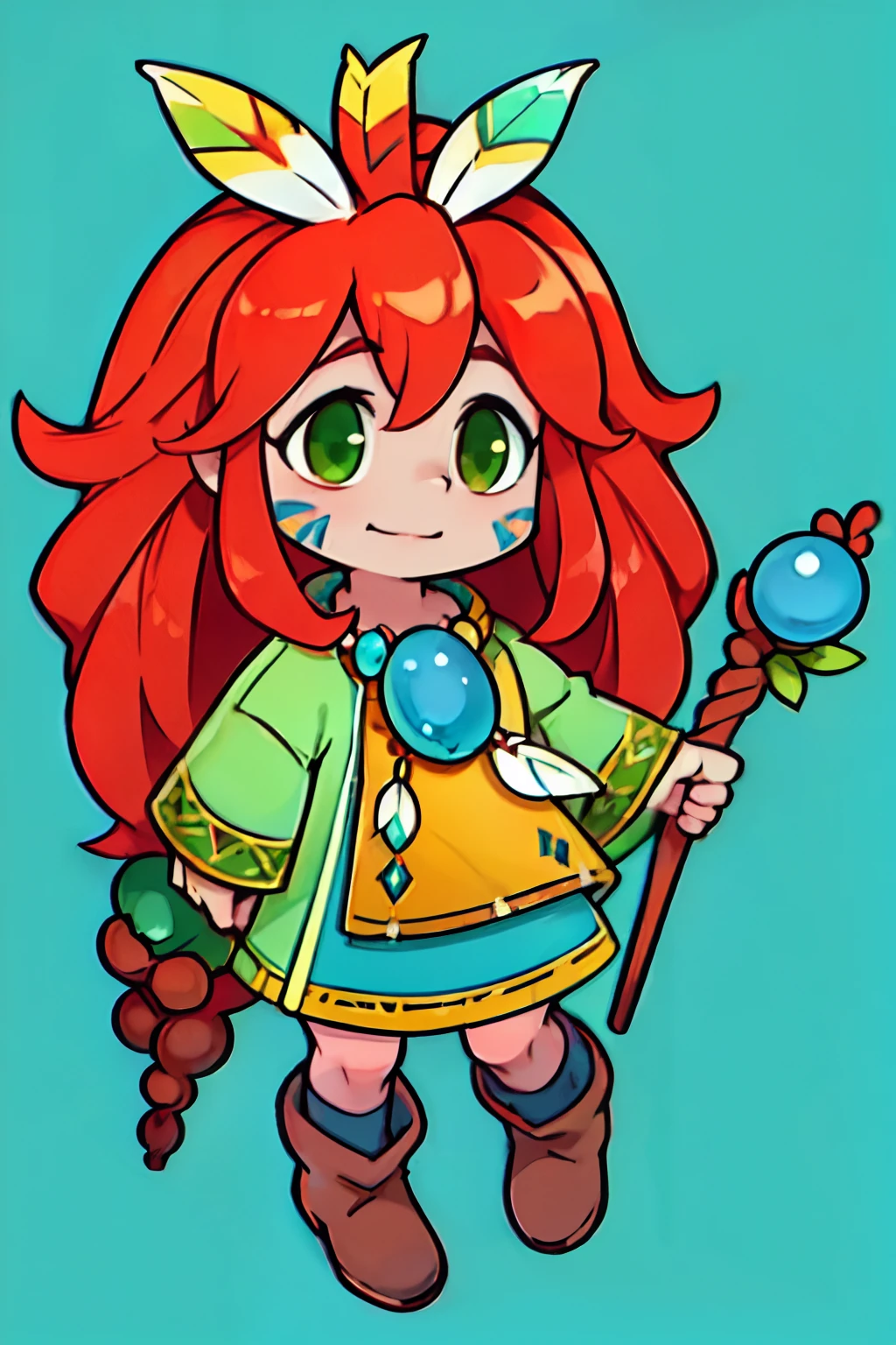 Popoi, 1other, child, long red hair, hair ornament ((head feathers)), green decorative tunic, brown boots, yellow-green eyes, huge blue necklace, androgynous, ((red and blue facepaint)), perfect anatomy, solo