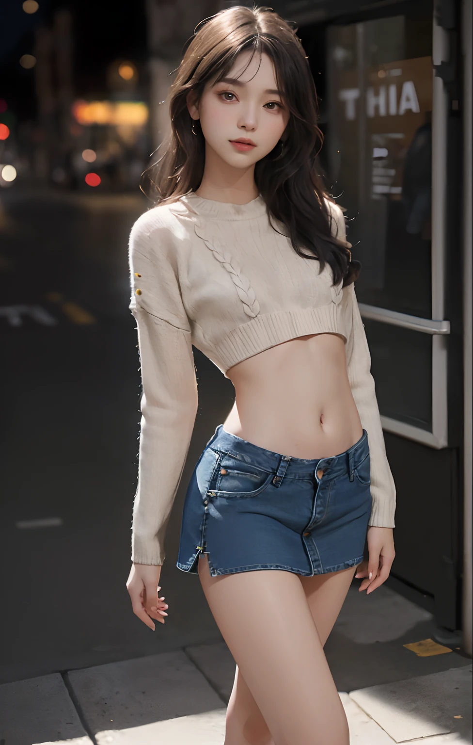 8K, masutepiece, Raw foto, Best Quality, More bold exposure 、Photorealistic, Wallpapers with extreme details CG Unity 8K, depth of fields, Cinematic Light, lensflare, Ray traching, (Extremely beautiful face, Beautiful lips, beautidful eyes), intricate detail face, ((Ultra Detail Skin)) 1girl in, (Korean model Kim Daun, Dhoni), (Korean model Kim Daun, Dhoni), (Korean model Kim Daun, Dhoni), (Korean model Kim Daun, Dhoni), (Korean model Kim Daun, Dhoni),1 girl, (very thin muscular body:1.3), ((look up at viewer)),(huge smile:1.3), (blured background), A glimmer of light), (No people in the background.:1.3), Beautiful earrings, Clear eyes, Front shot, (pale-skinned), (Big eyes), (Big eyes) (Big eyes), (Big eyes), (Big eyes), Facing forward, (Full body shot), (ligh brown hair), Open the navel............, (look up at viewer:1.3), Very slim, a slender waist, small hips, , a slender waist, small hips, a slender waist, small hips, a slender waist, small hips, ((wide open abdomen))、((open abdomen))、((wide open navel))、((open navel))、((Bare belly))、((Mid-Riff Sweater))、((Ultra-low rise、Denim Mini Skirt))、 ((Navel Ejection))、((small hips))、((Full body depiction))、((small  hip))、(boots)、((Ultra-low rise))、((Denim Mini Skirt))、((is standing))、)