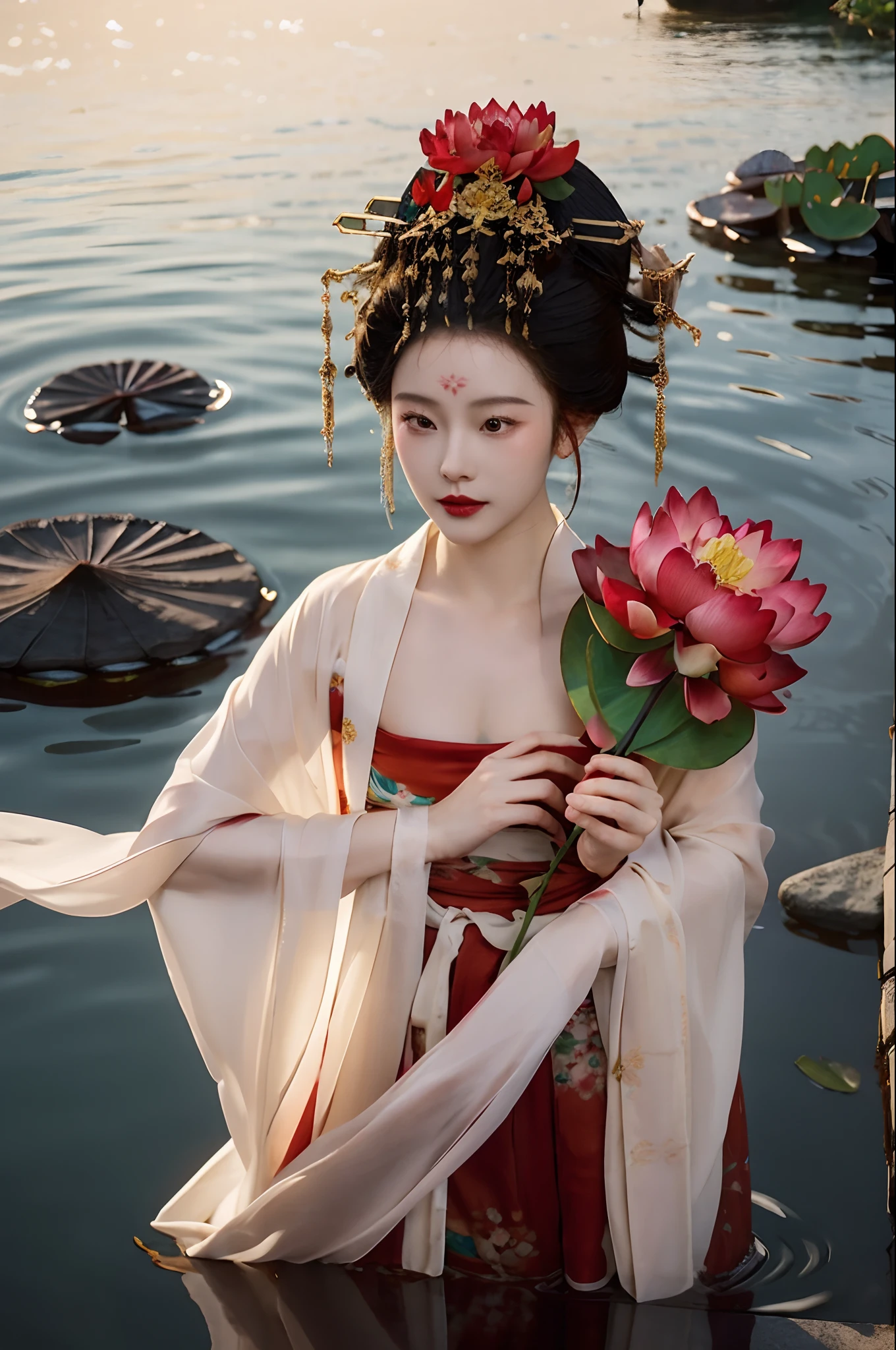 zanhua, Best quality, Masterpiece, 1 girl,Upper body, holding flower, Red flowers on the head, Wearing Hanfu, of red and white colors,  view the viewer,   Bird, flower, Black hair, ((Lotus)), Solo, hair adornments, water, Reflection, Daylight,  Cinematic light,