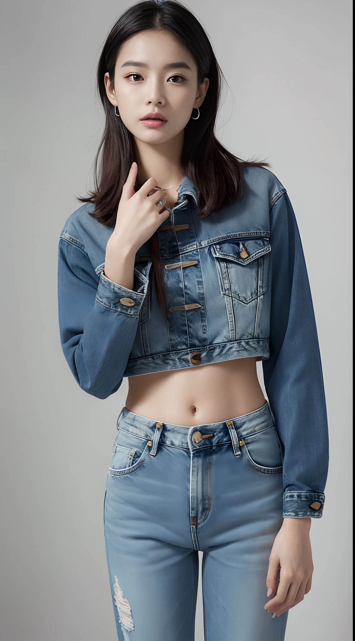Y2K-like low-rise&Navel Ejection、Low-rise bottom reminiscent of 2000s fashion、Rigid、A style that maximizes the stomach、Denim Setup、Denim on Denim、Vintage-like high-wash denim、One-person model、Model body type、high-level image quality、hight resolution、Realistic texture、Shot by a professional photographer