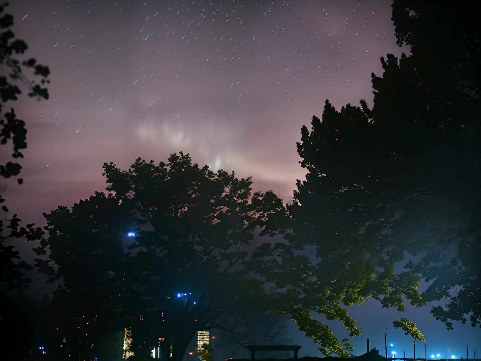 Trees in the foreground，The background is the building, gloomy lights in the sky, Cloudy night, Trees in the background, trees in background, night photo, f / 1. 9 6. 8 1 mm ISO 4 0, Spooky sky, some trees in the background, calm evening. over the shoulder shot, visible sky and humid atmosphere, during night!!, Ominous nighttime storm