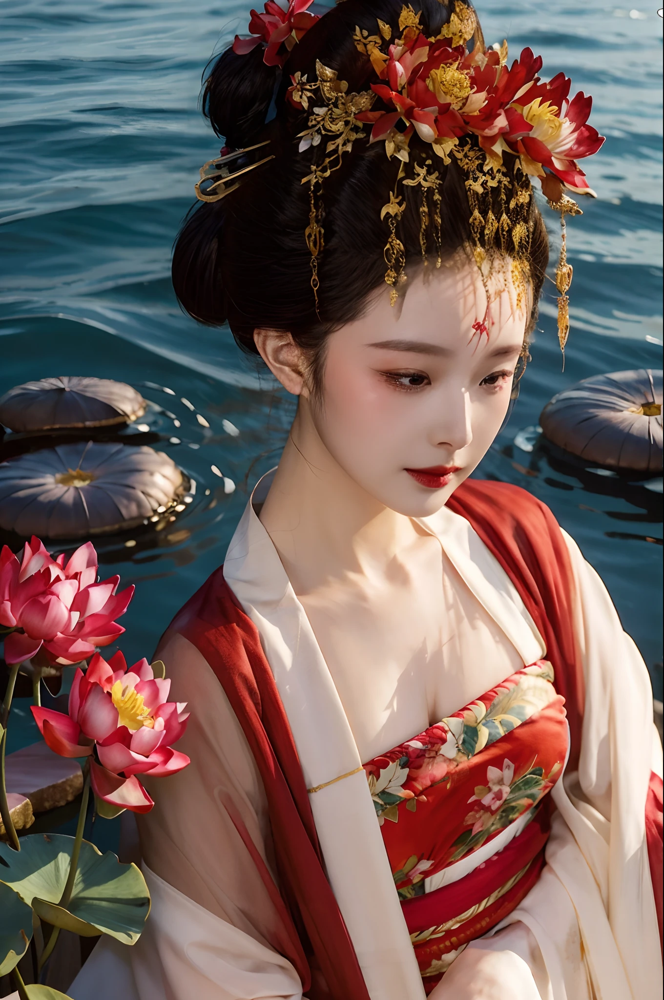 zanhua, Best quality, Masterpiece, 1 girl,Upper body, holding flower, Red flowers on the head, Wearing Hanfu, of red and white colors,  view the viewer,   Bird, flower, Black hair, ((Lotus)), Solo, hair adornments, water, Reflection, Daylight,  Cinematic light,