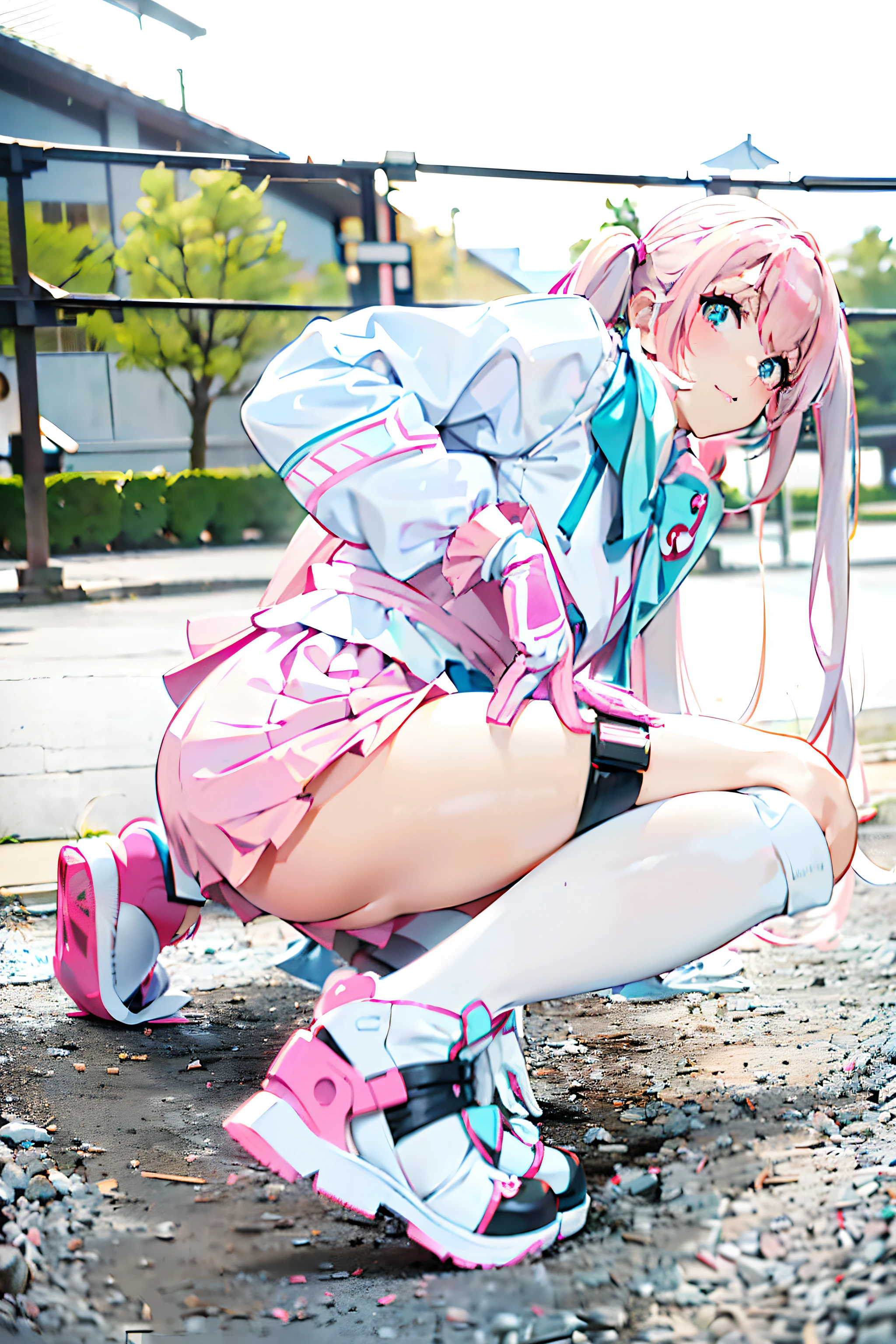There is a woman kneeling in a pink and white costume, the anime girl is crouching, Anime girl cosplay, cosplay foto, Anime Cosplay, Cosplay, pink twintail hair and cyan eyes, twintails white_gloves, Haruno Sakura, Ayaka Cosplay, beautiful anime girl squatting, nyaruko-san, Hatsune Miku Cosplay