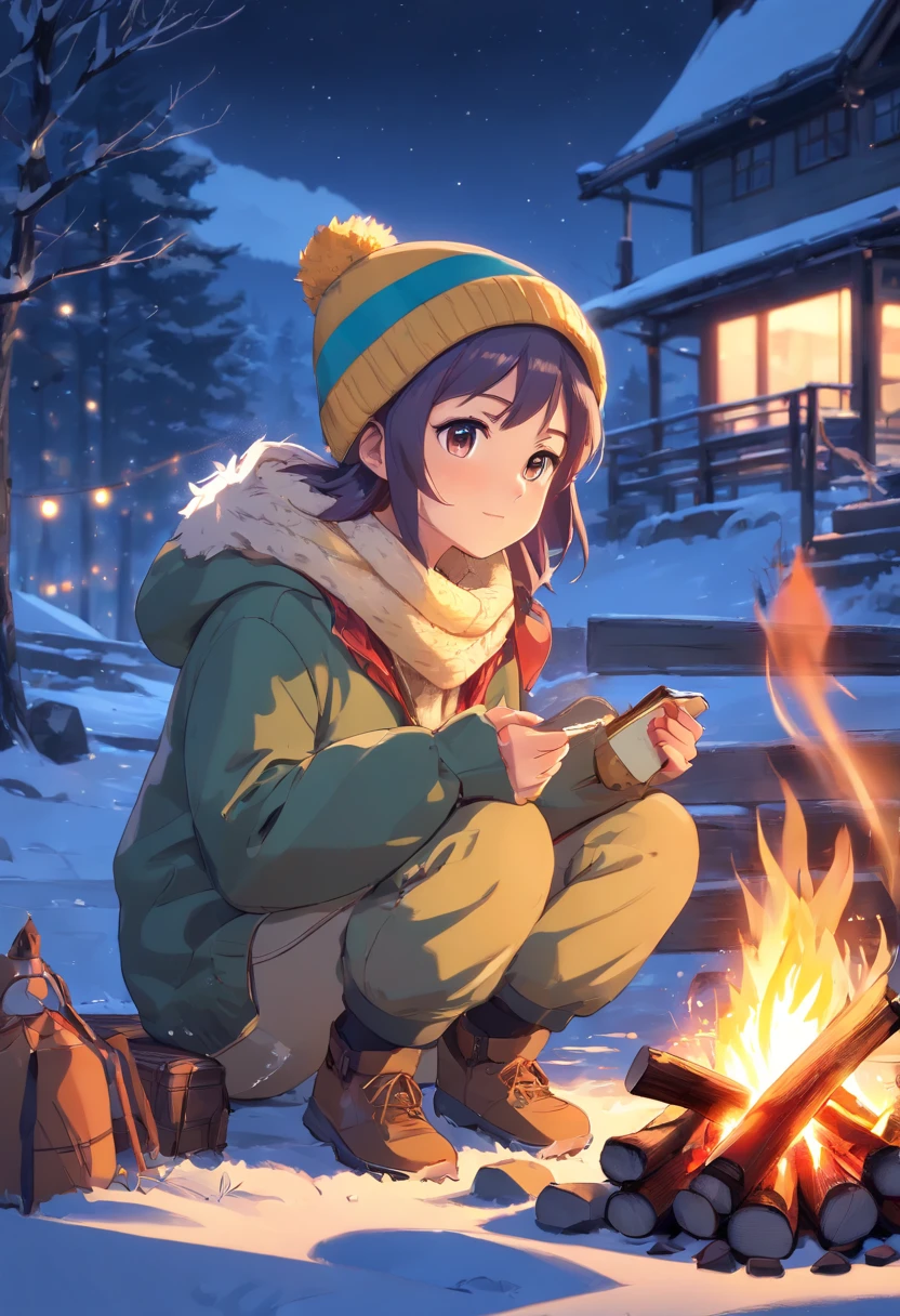 (masterpiece, heartwarming depiction of a girl wearing winter clothes and a beanie, warming herself by a campfire on a serene night:1.3), (meticulously captured to convey the cozy ambiance of a winter evening:1.2), (the girl's attire and the flickering flames of the campfire creating a sense of warmth and comfort:1.1), (the soft glow of the fire illuminating her face and surroundings:1.1), (meticulous attention given to the details of her winter clothing and the inviting glow of the campfire:1.1), (the tranquil night setting providing a backdrop of calmness and serenity:1.1), (a portrayal that evokes a feeling of contentment and solace amidst the chilly night:1.1), (an image that captures the beauty of finding comfort and companionship by the fire's embrace:1.1), (an artwork that invites viewers to immerse themselves in the soothing atmosphere of the scene:1.1), (an invitation to enjoy the simple pleasures of a peaceful night by the fire:1.1)), Cinematic, Hyper-detailed, insane details, Beautifully color graded, Unreal Engine, DOF, Super-Resolution, Megapixel, Cinematic Lightning, Anti-Aliasing, FKAA, TXAA, RTX, SSAO, Post Processing, Post Production, Tone Mapping, CGI, VFX, SFX, Insanely detailed and intricate, Hyper maximalist, Hyper realistic, Volumetric, Photorealistic, ultra photoreal, ultra-detailed, intricate details, Super detailed, Full color, Volumetric lightning, HDR, Realistic, Unreal Engine, 16K, Sharp focus, Octane render