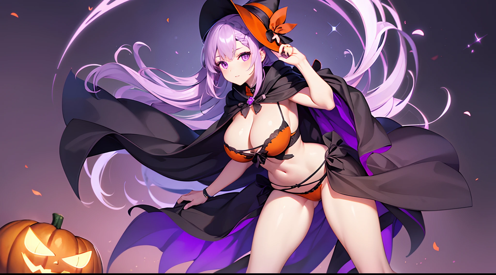 1 girl, game CG, orange mini dress, visible cleavage, visible shoulders, visible navel, black witch hat, cloak, orange panties, hair ribbon, gigantic breasts, light purple hair, long hair, french braid, purple eyes,Halloween background ,