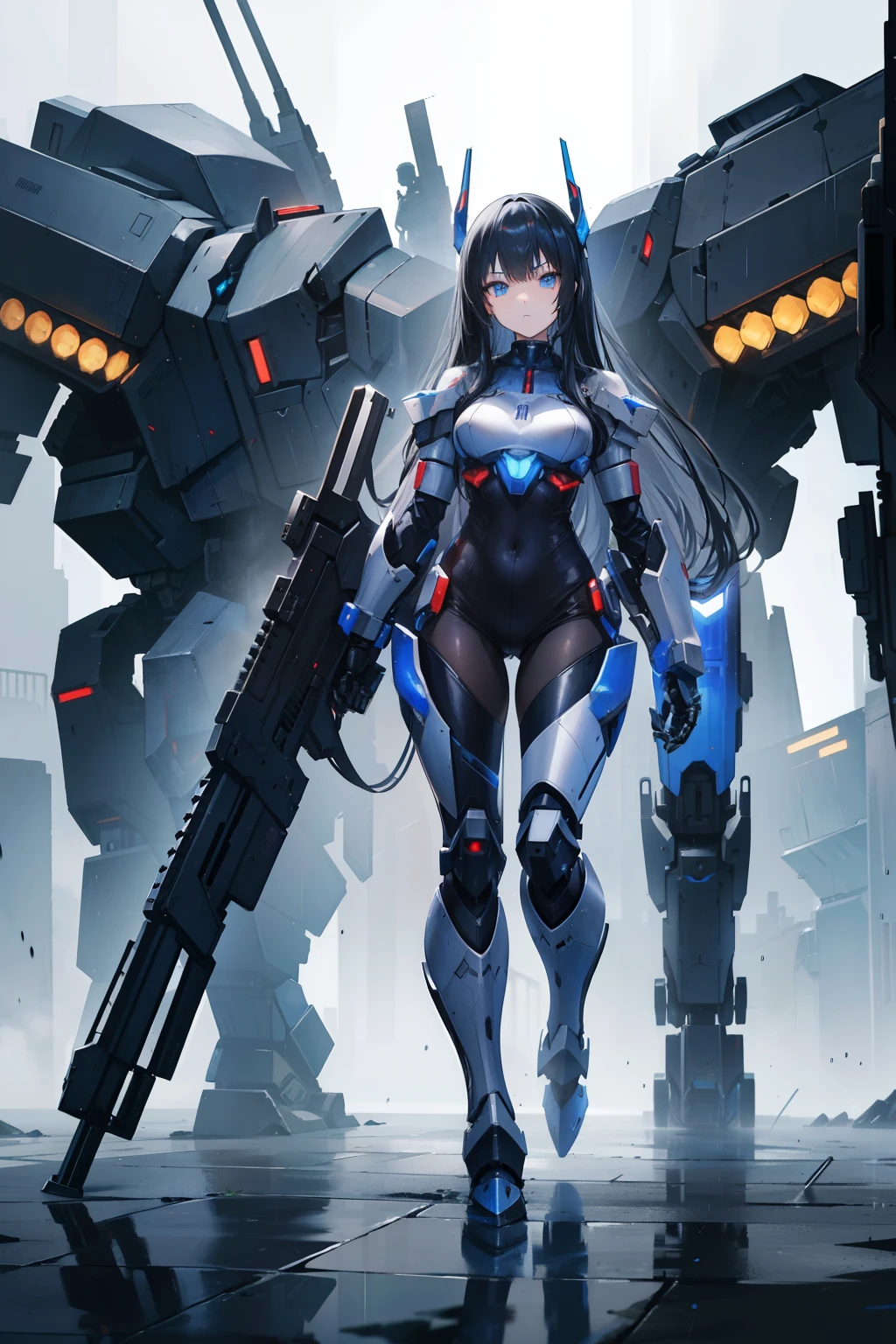anime girl, good anatomy, detailed face, long black hair, beautiful blue eyes, slightly fierce face, mature, tall, in a mecha suit with a giant mech from armored core vi behind her, holding an assault rifle, nice background of a rainy city, 8k, high resolution