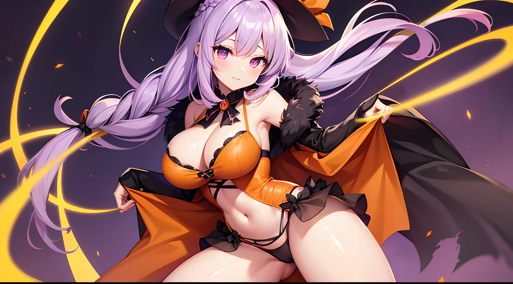 1 girl, game CG, orange mini dress, visible cleavage, visible shoulders, visible navel, black witch hat, cloak, orange panties, hair ribbon, gigantic breasts, light purple hair, long hair, french braid, purple eyes,Halloween background ,