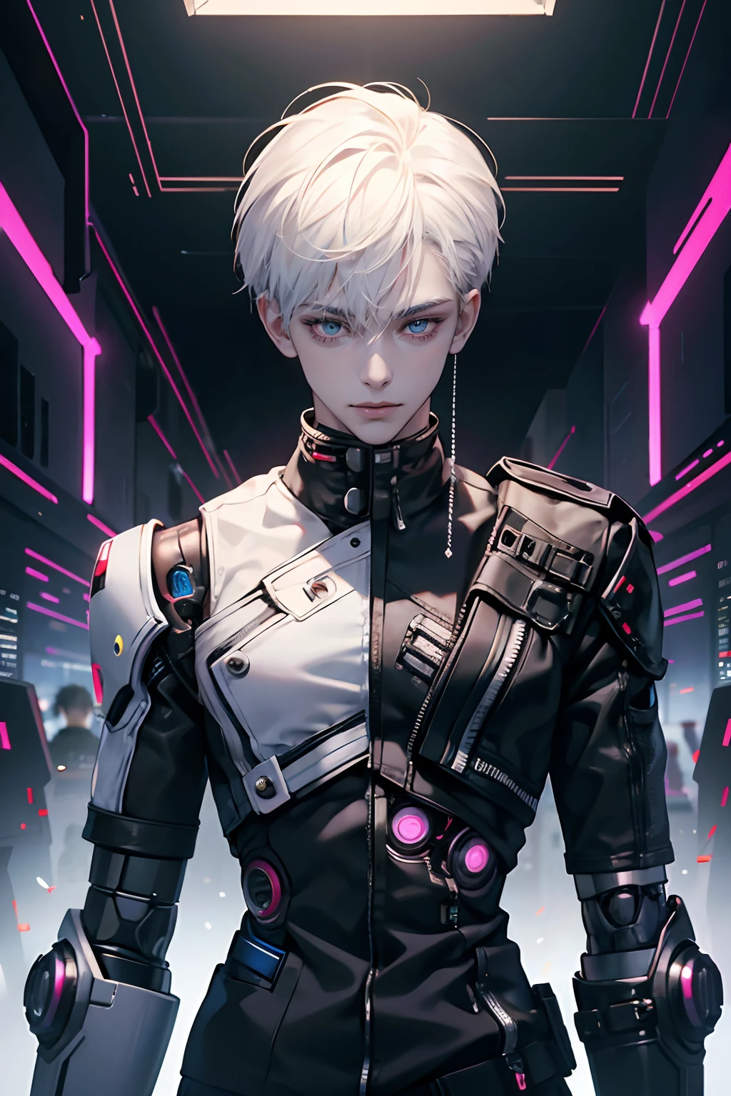 (tmasterpiece,high resolution,ultra - detailed:1.0),1boy,robot boy,Perfect male body,Look at the camera,Delicate eyes and delicate face,Extremely detailed CG,Unity 8k wallpaper,Complicated details,solo person,,Detailed face, (white hair, robotic arms, robotic body), (cyberpunk:1.3), color difference, Depth of field,dramatic shadow,Ray tracing,Best quality,