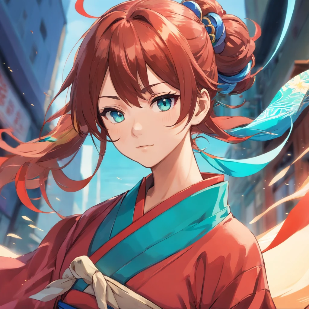 Create a detailed description of Thorne Phoenix, A person in his 40s who possesses an impressive and formidable physique, que recuerda a la asombrosa musculatura de figuras como Retsu Kaioh de Baki o Biscuit Oliva.. Thorne is dressed in a striking kung fu kimono with vibrant turquoise and red colors...., with a particular emphasis on these tones. The kimono is adorned with four ornate buttons: uno en el cuello, dos en los antebrazos, and one hanging from an earlobe. Los ricos de Thorne, The tanned complexion complements the incredible definition of the muscles that ripple beneath the fabric., exudando un aire de fuerza y resistencia incomparables. El pelo corto de Thorne, similar a Ryu's, is neatly arranged in a style that includes distinctive ponytails, adding to its unique appearance. Su robusto, The male face with sharp features is framed by this hairstyle.. She also wears a scarf in the same vibrant turquoise and red colors.....