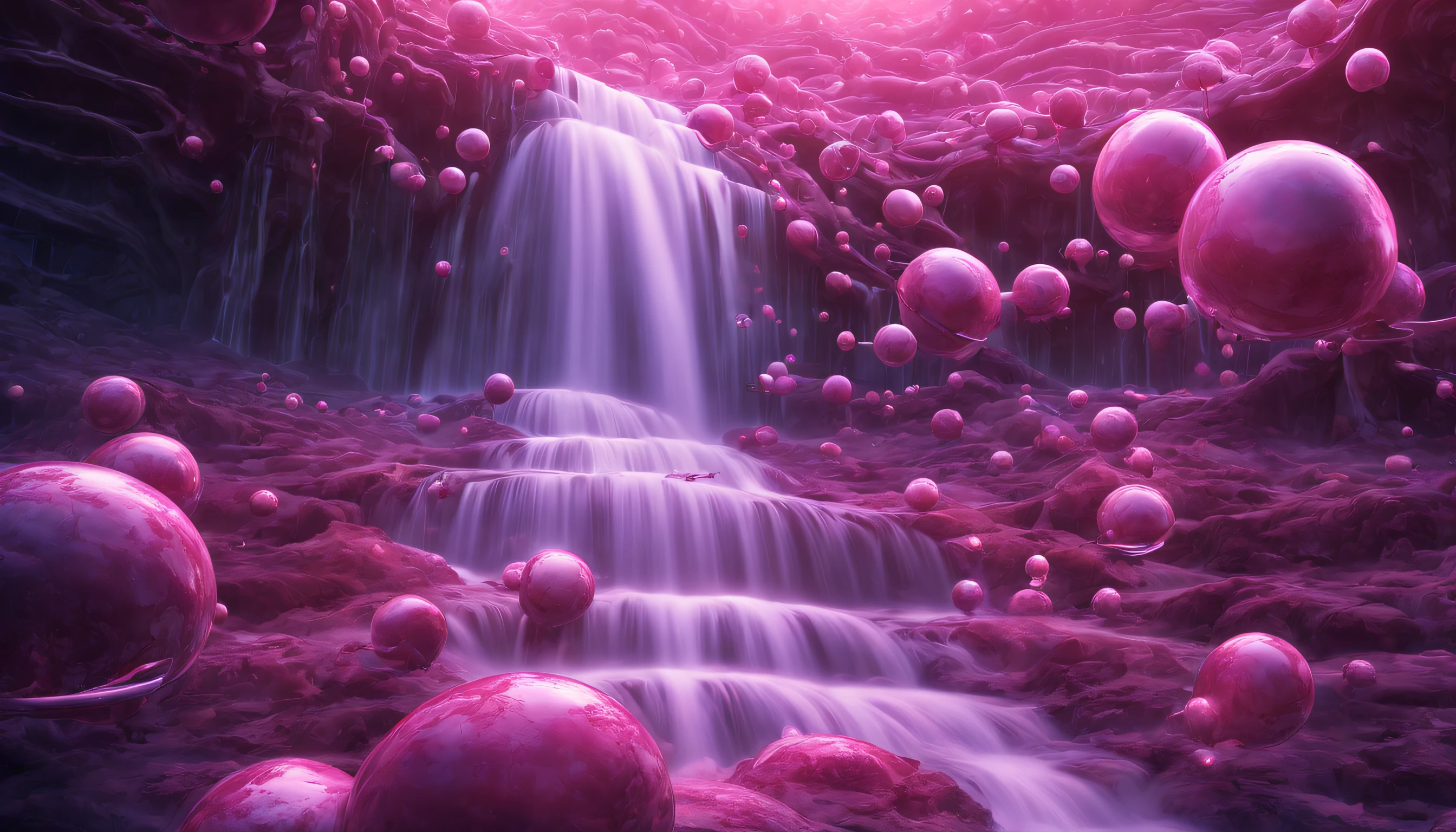 Biology, DNA, Pink, Quantum, Evolution, Interspecies, Physiology, Celestial Waterfalls, Artificial Intelligence, Alien Atmosphere, Luminiscent Creatures, Warp Drive, Algorithm, Robotic. Surrealistic. Photo realistic. hyper realistic photography, HDR, UHD 32k. --AR 16:9