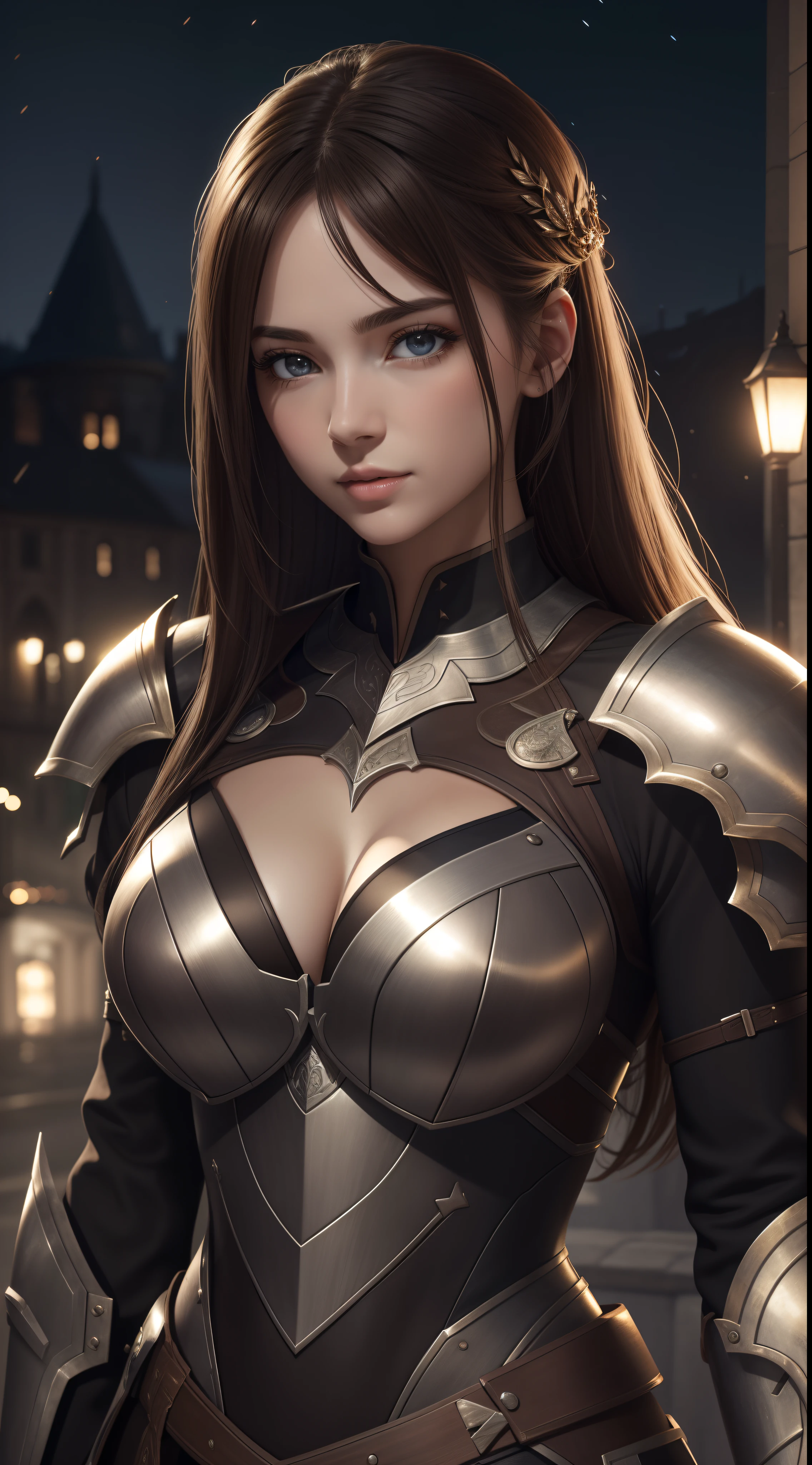 Realistic lighting, Top Quority, 8K Resolution, (masterpiece: 1.3), (Clear focus: 1.2),1 Girl, delicate face, big double eyelids, Sexy expression, Body perfect anatomy, (perfect body: 1.6), (large chest 1.7), long and dark brown hair, (best chest: 1.8), armor, long knife, magia, exterior, (night: 1.1 ),1080p, hyper HD, textureskin, super detailed, best quality, high detail, highest quality.