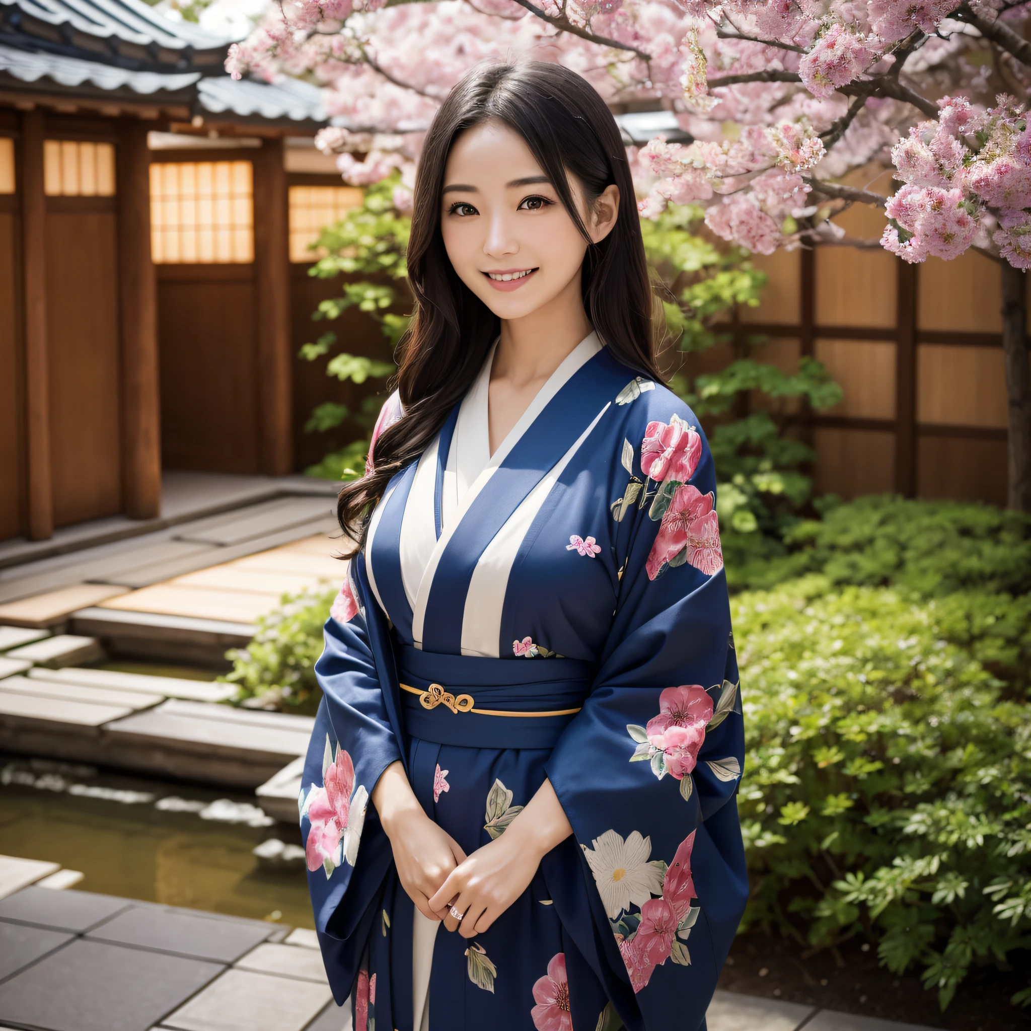 (Woman in Kimono)、((best qualtiy、8k masterpieces:1.3))、foco nítido:1.2、(ultra beautiful faces:1.0)、(shinny skin:1.0)、photos realistic、A dark-haired、Video Lighting、High-definition eyes and face、Video Lighting、Japanese actressl、from the front side、medium breasts、With a happy smile、Slender Abs Beauty、Whole body、wearing kimonos、In the illuminated Japan garden