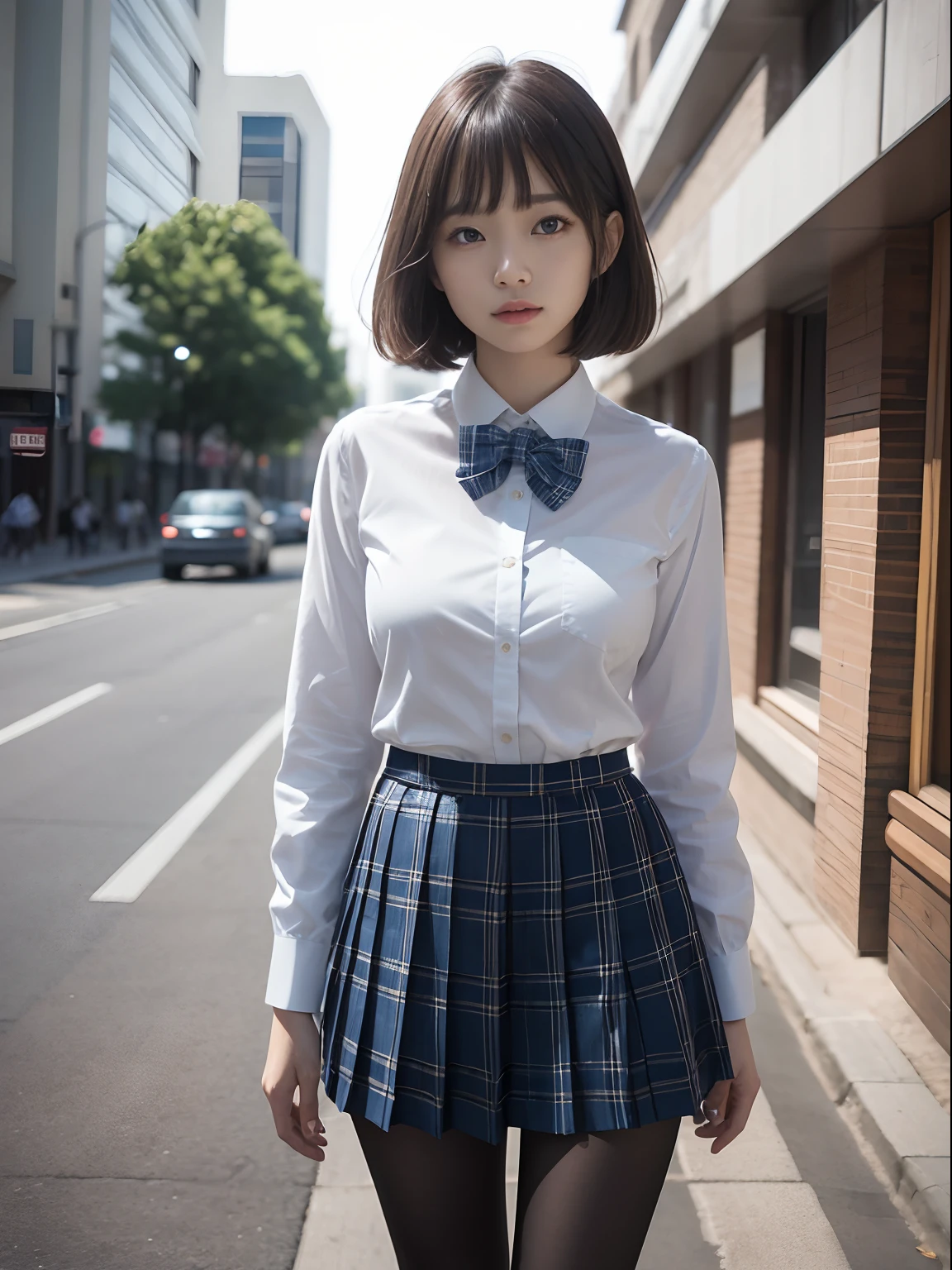 (Long bob cut),(Light blue bra shows through),(8K、Raw photography、top-quality、masterpiece:1.2),glamor,Chromo-white skin,cocky,School,watching at viewers,Looking at the front,Muchimuchi,Erotic,Pupils,de pele branca,kne,((Black pantyhose)),absurderes,a small face,small tits,flat breast,Parting the bangs from the middle、Forehead visible,(a cold expression,Tight eyes,glares,Bullish,skinny,Rasping,irate)、masterpiece,top-quality、超A high resolution,Raw photo,ren,Beautiful fece,One Person, 独奏,eye glass,,Dark look,Small breasts,fullllbody,Round glasses,JK school uniform,hi-school girl,A Japanese Lady,is standing,(Photorealsitic:1.37)、Photon mapping,Realistic、Beautie,Cute little face,Brown-eyed、Black socks、(Red bow tie)、Radio City、Physically Based Rendering、depth of fields、Blurry background、a picture,Body,beauty legs, Long legs, Thin leg,(Bangs are visible), hair, s lips, Blue_The eye, nosesoft,(Light blue shirt), (Navy and blue and white plaid pleated skirt), Knees are visible,Sheer clothing,, Thigh, Black cotton socks,Nogizaka Idol, 女優, Japanese ido